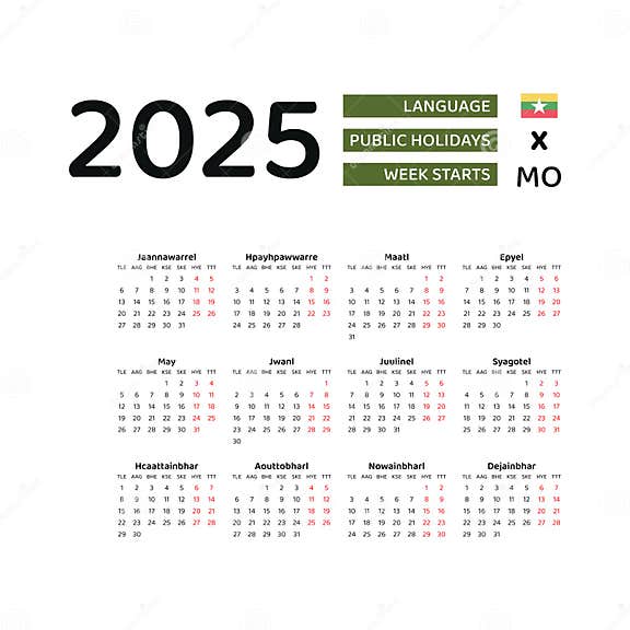 Myanmar Calendar 2025. Week Starts from Monday. Vector Graphic Design