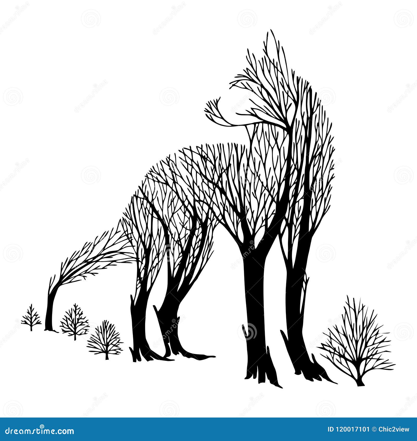 Mysterious Aggressive Wolf Look Back Silhouette Double Exposure Blend Tree  Drawing Tattoo Stock Illustration - Illustration of double, background:  120017101