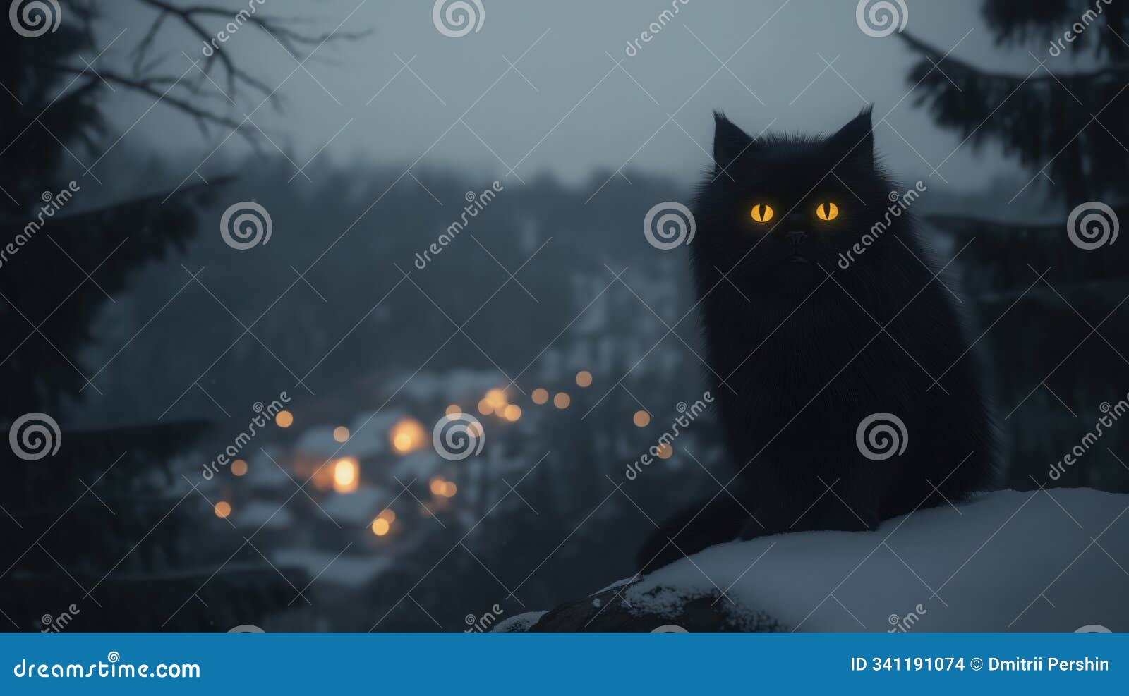majestic black cat overlooking snowy village at night for enchanting winter  ai generated