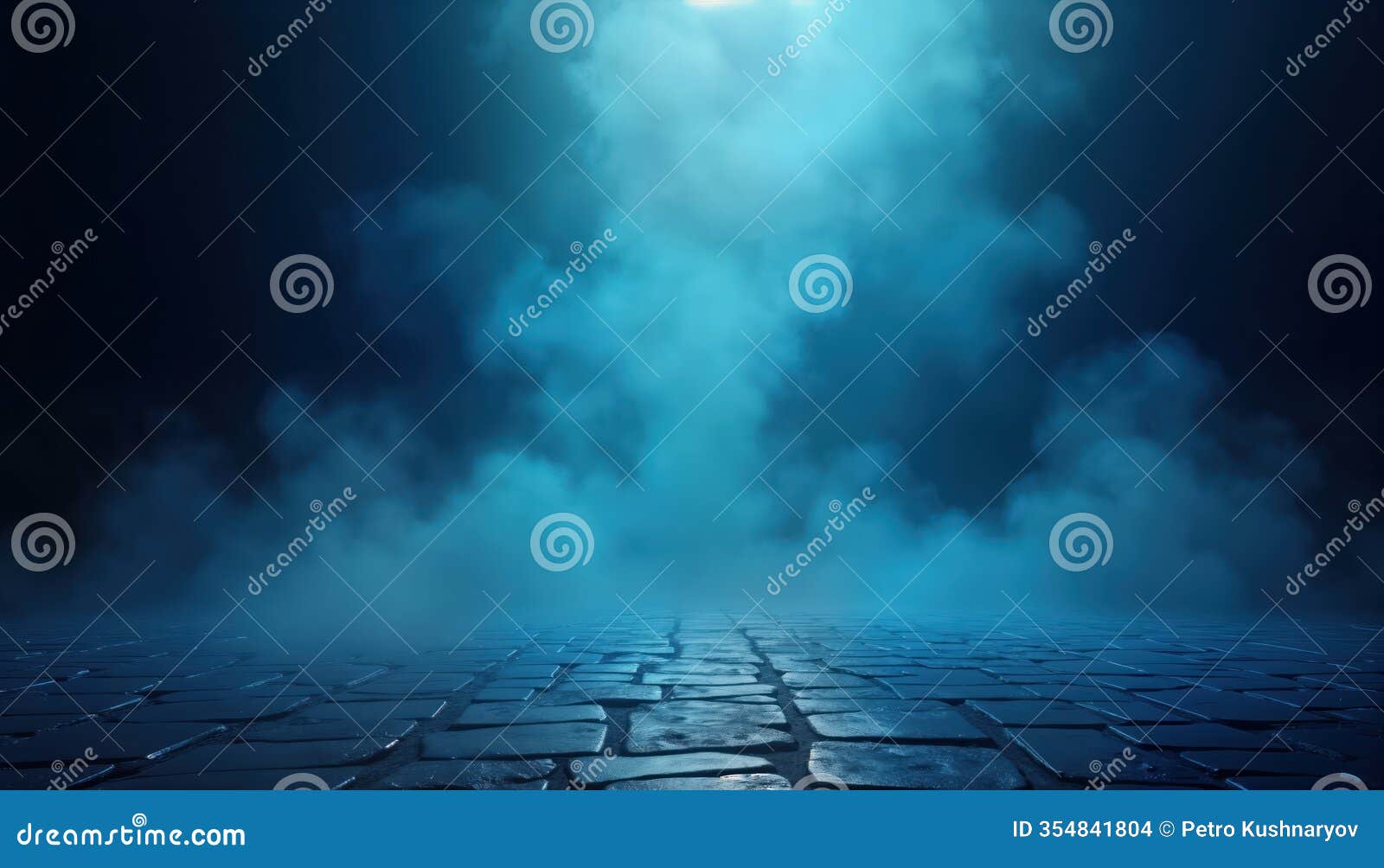mysterious blue smoke, fog fill dark space. cobblestone pavement extends into distance. nighttime scene creates moody atmosphere.