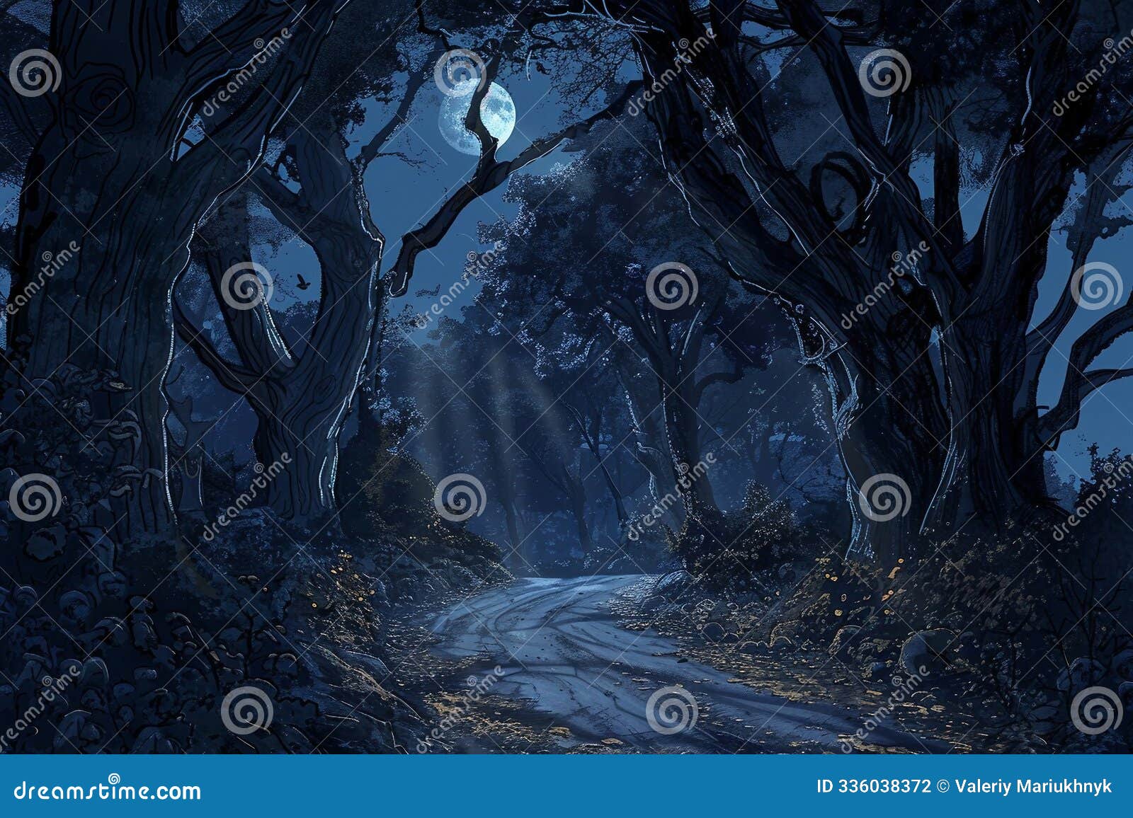 mysterious forest path illuminated by moonlight with twisted trees and dense foliage. generative ai