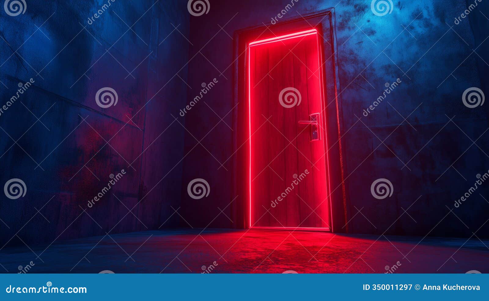 mysterious glowing door in a dark, abandoned room