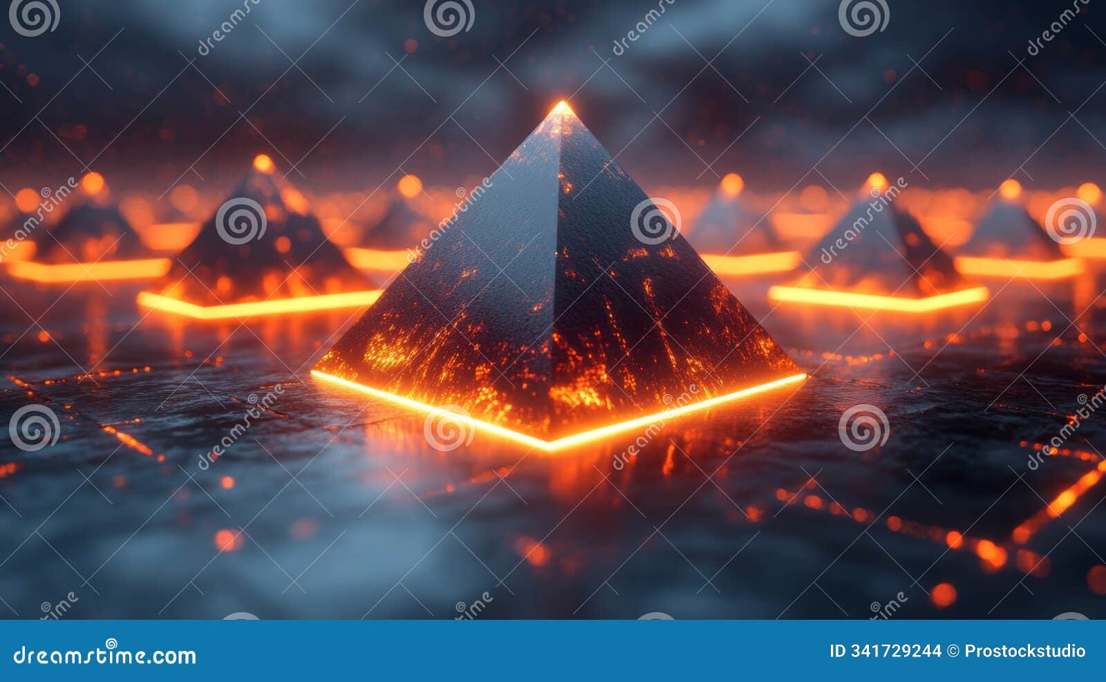 mysterious glowing pyramids amid a dark landscape illuminated by vibrant orange light during twilight. generative ai