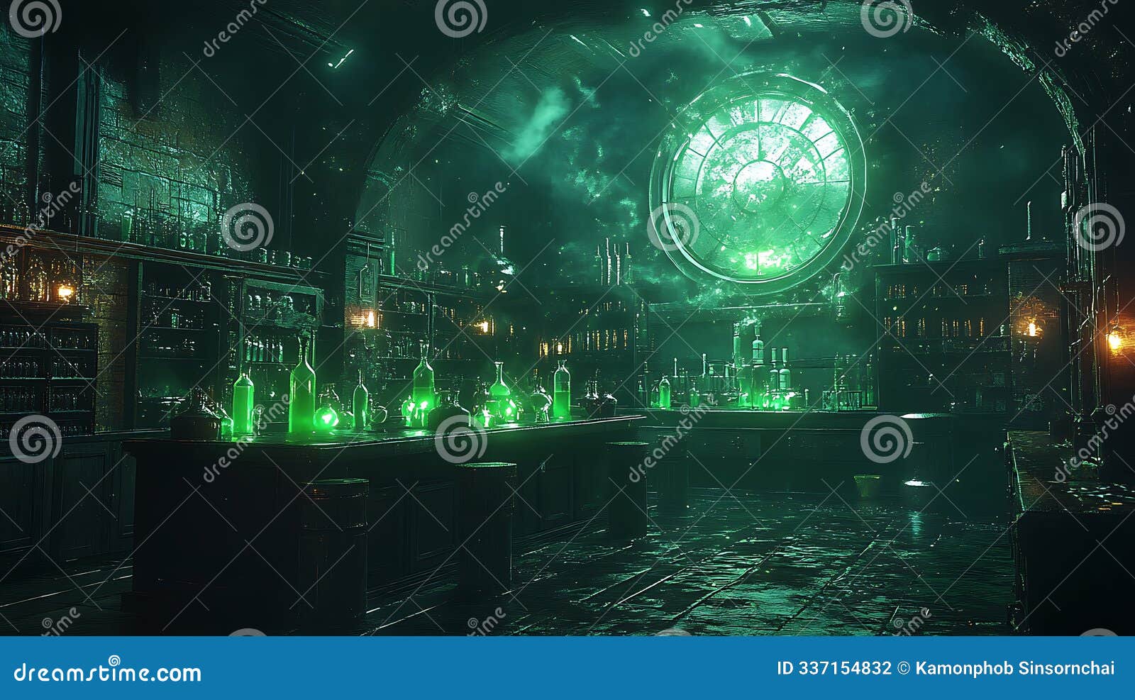 mysterious green potion bar with glowing bottles and circular window