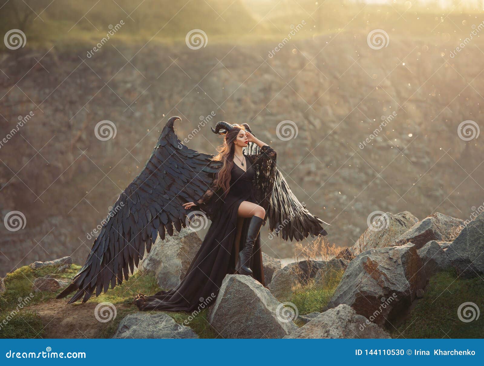 https://thumbs.dreamstime.com/z/mysterious-lady-black-light-lace-dress-long-train-girl-open-leg-leather-boots-dark-horned-angel-heaven-messenger-144110530.jpg