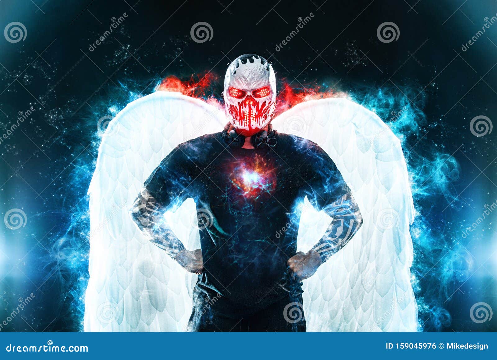 Mysterious Man In Black Wear And Skull Mask With White Wings. Fantasy Book  Or Computer Game Cover Concept On Halloween Stock Photo - Image of hood,  mask: 159045976
