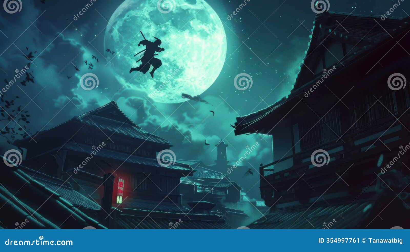 mysterious ninja under full moon in ancient village
