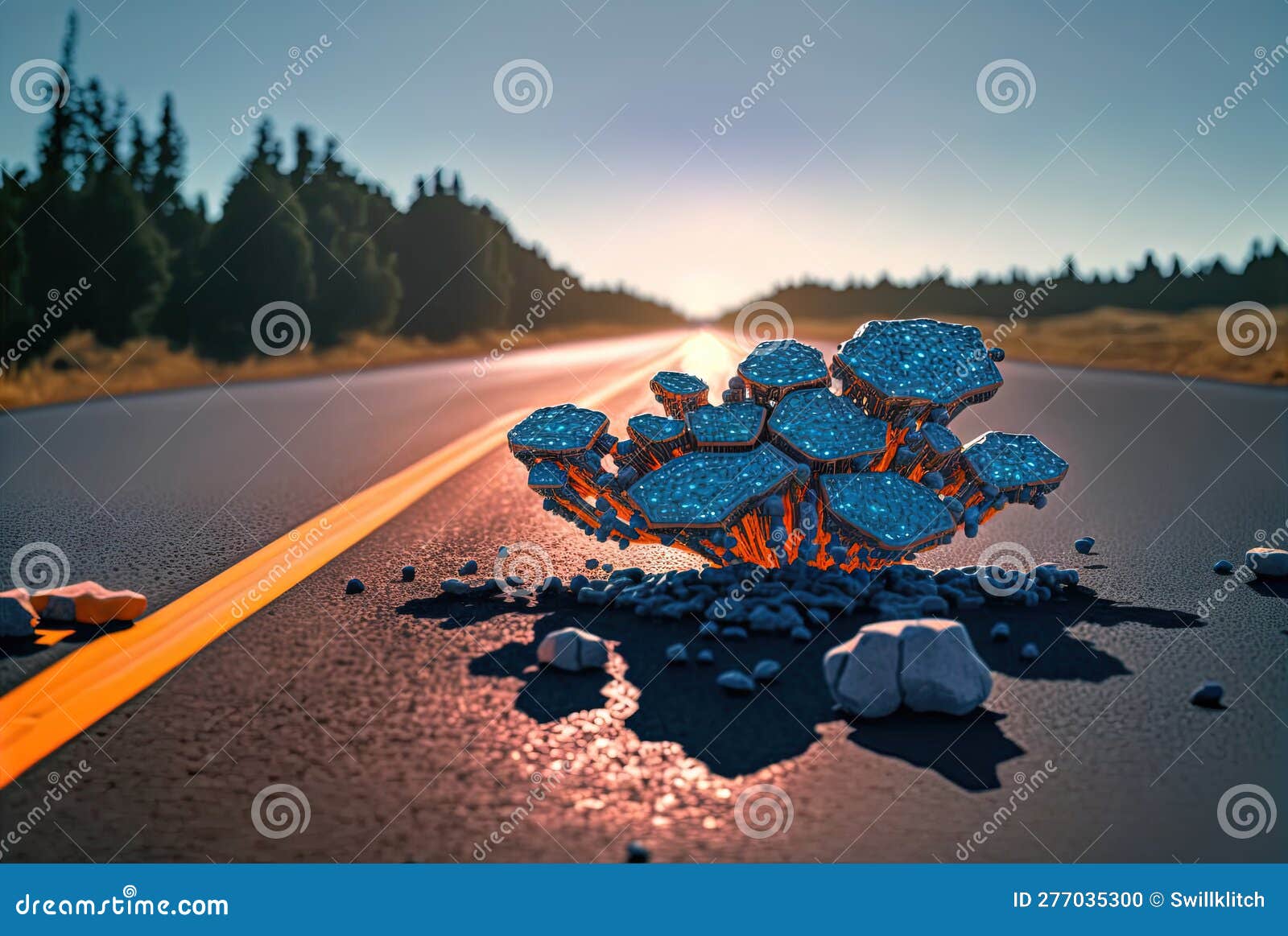 Mysterious Scifi Alien Mushroom Growing through the Asphalt Road