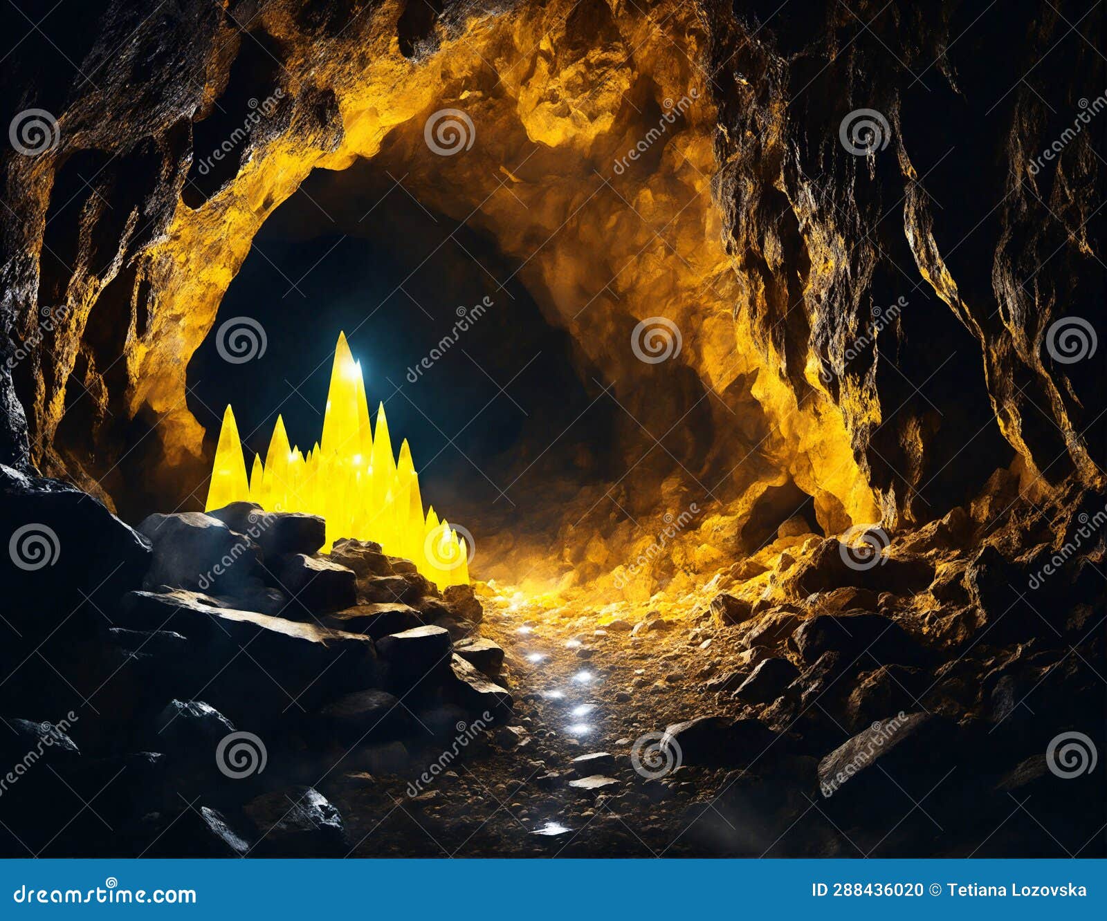Mysterious Underground Cave with Glowing Crystals and River, Dark