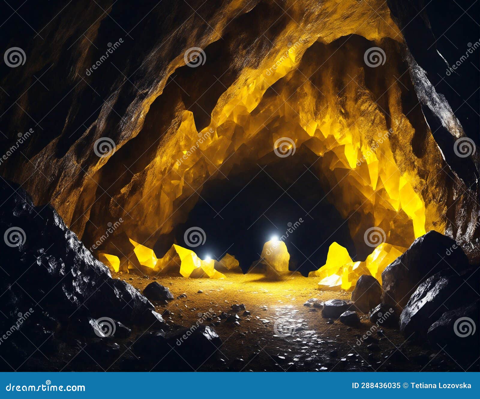 Mysterious Underground Cave with Glowing Crystals and River, Dark