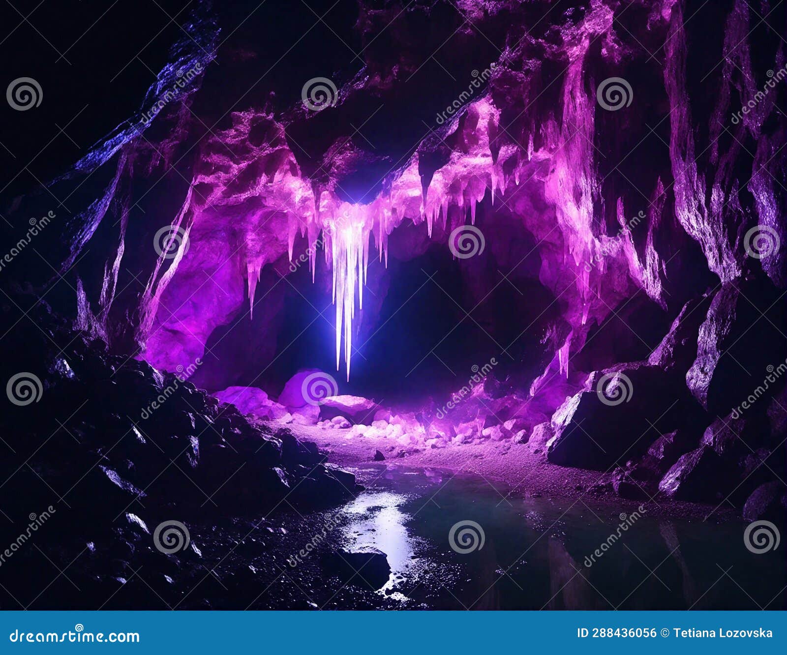 Mysterious Underground Cave with Glowing Crystals and River, Dark