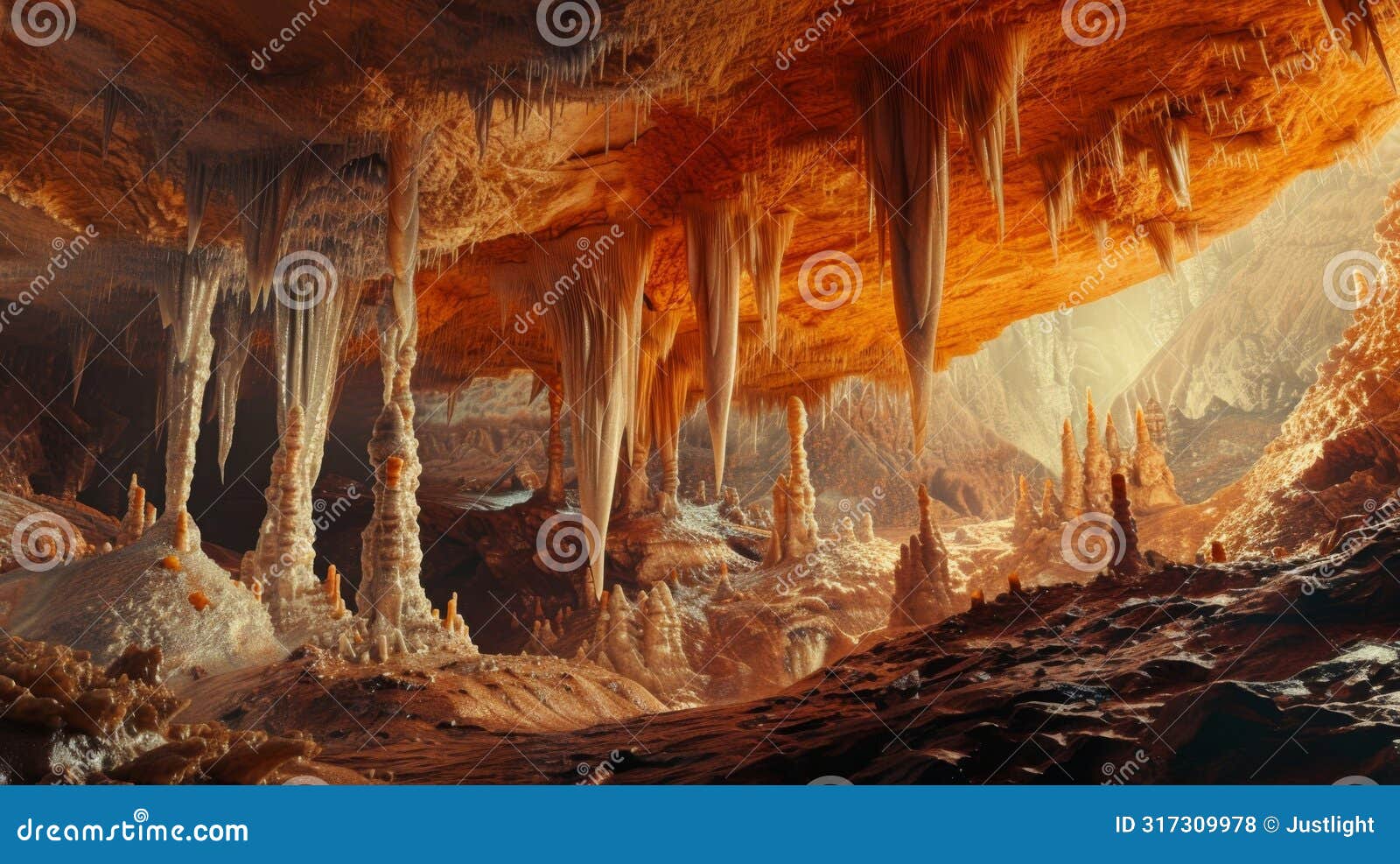 a mysterious underworld of jagged pointed stalactites lining the roof of a cave beckoning with their ancient wisdom and