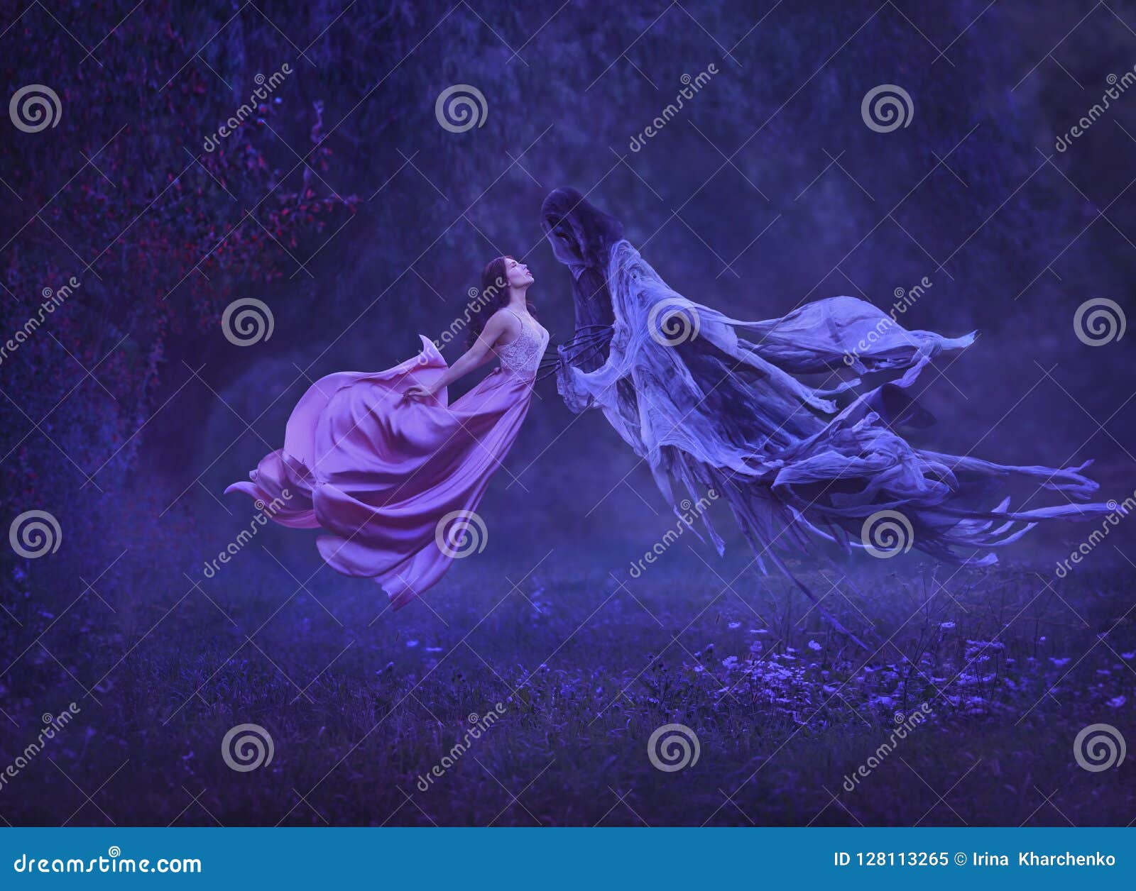 the mysterious witch is dancing with a demon, dark forces, in the air. kiss dementor. taking away the soul. a dress