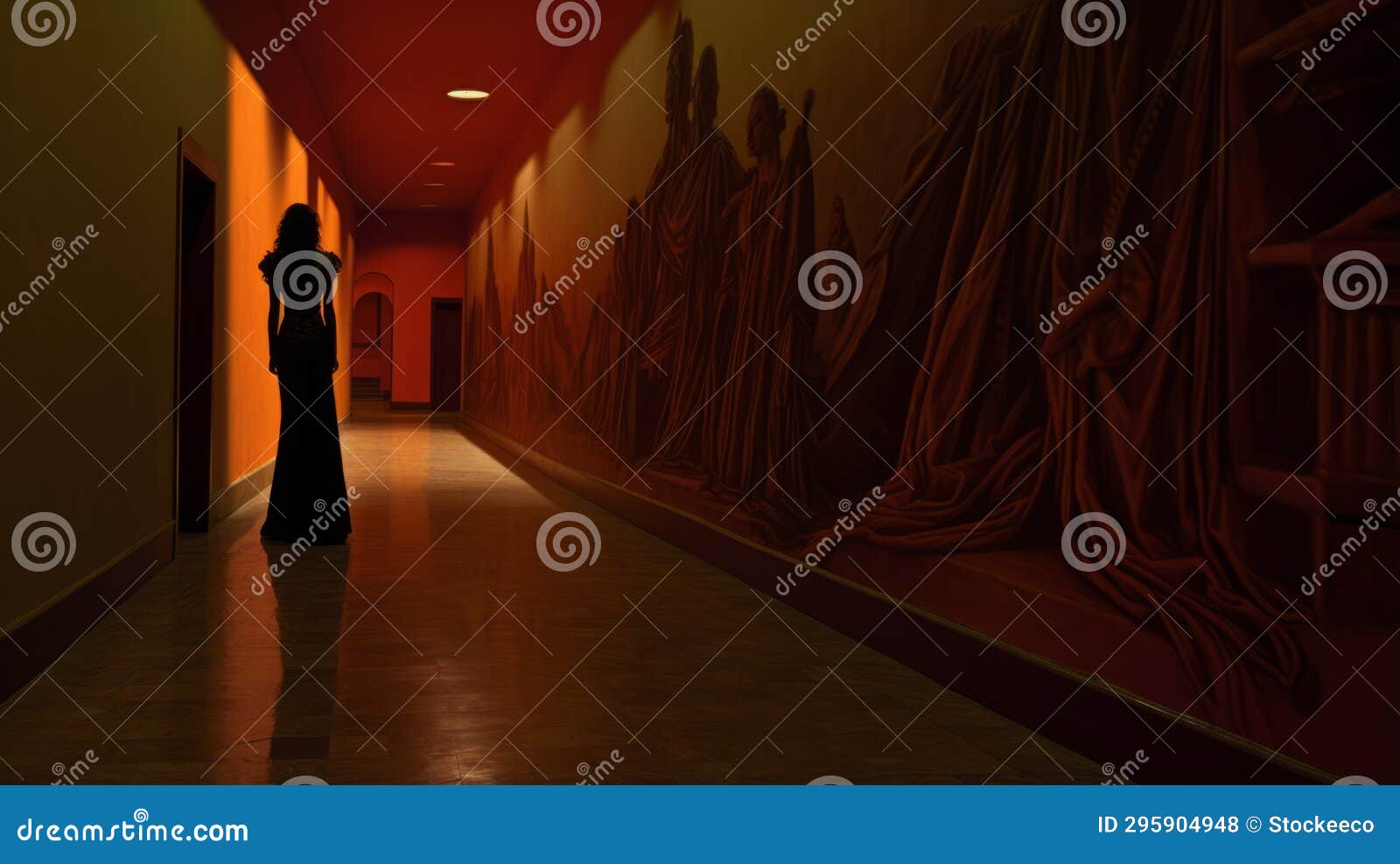 mysterious woman in black dress: an ominous encounter in an empty hallway