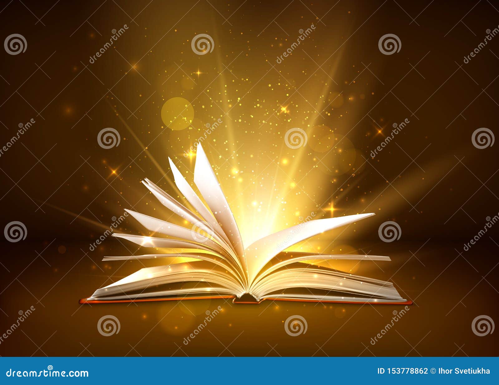 mystery open book with shining pages. fantasy book with magic light sparkles and stars.  