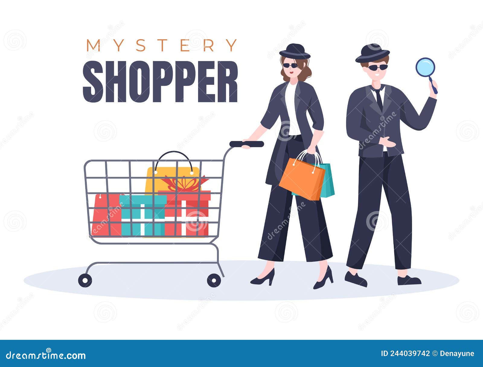 mystery shopper with bags in sunglasses, magnifier, spy coats and hats in flat cartoon style 