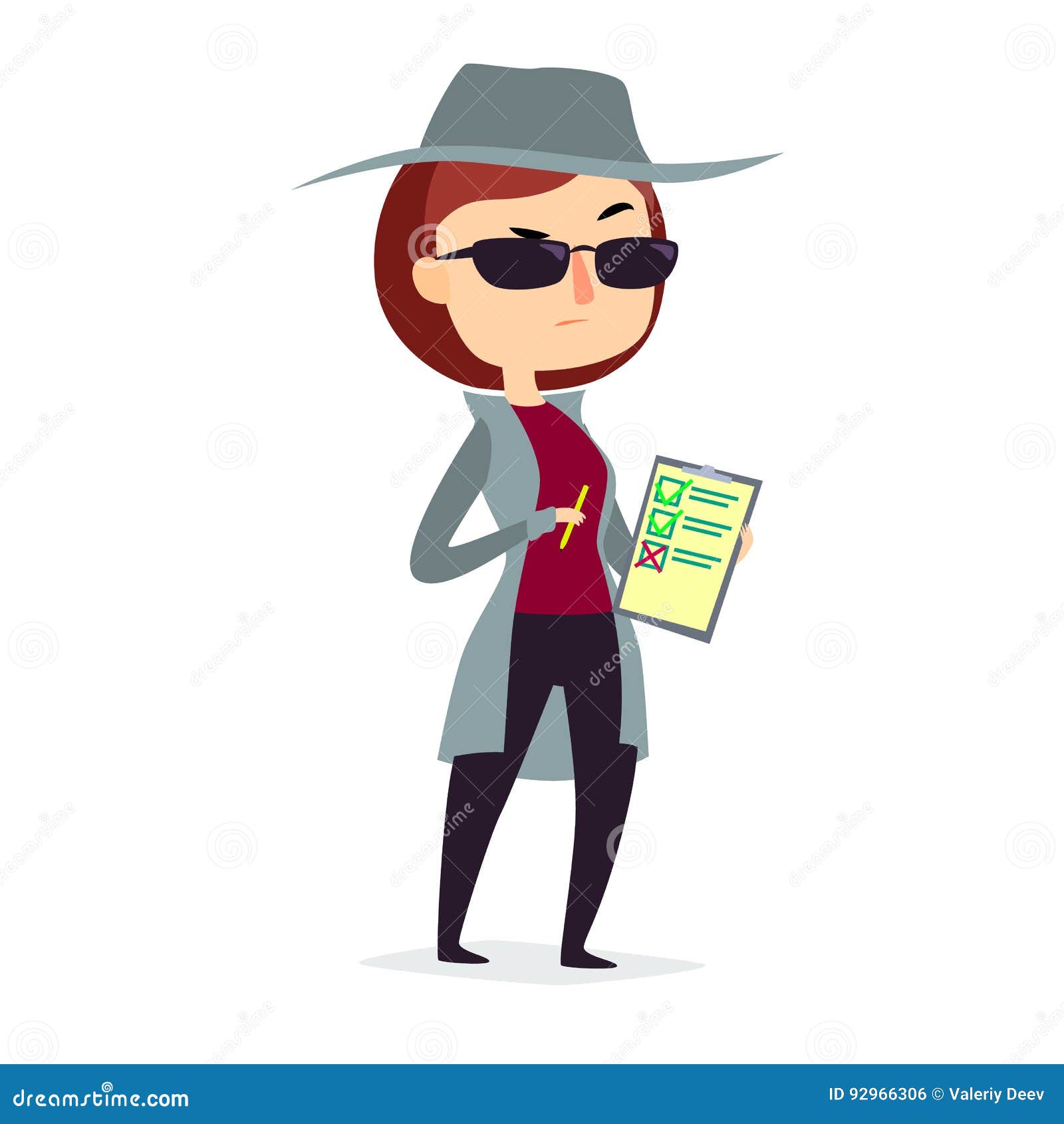 mystery shopper woman in spy coat with pen and checklist