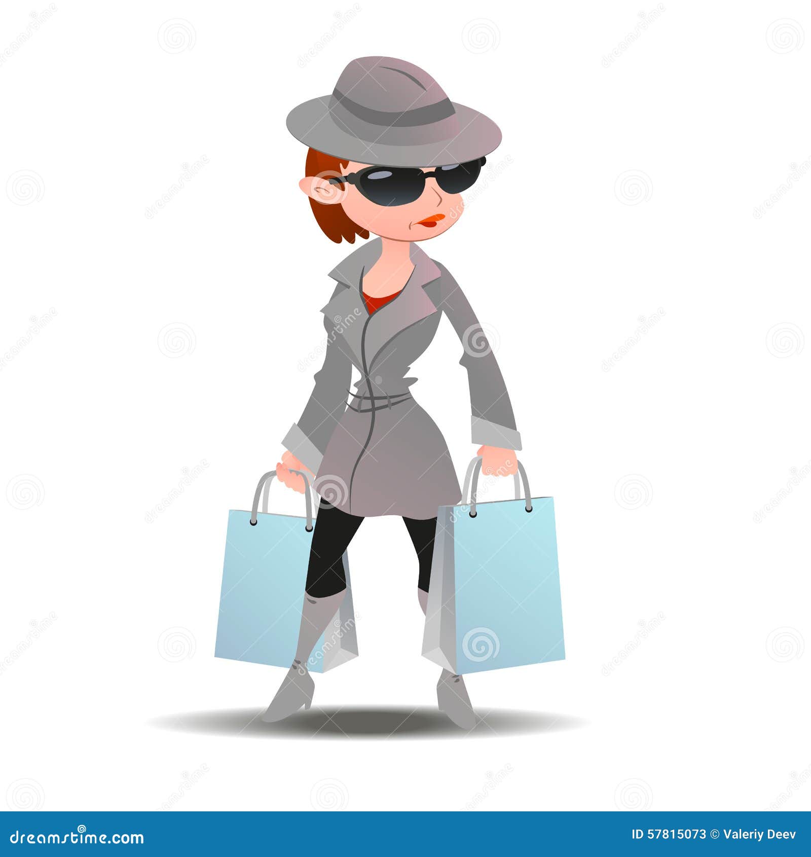 mystery shopper woman in spy coat with shopping paper bags