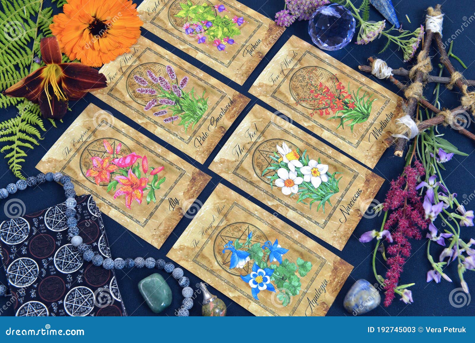 Mystic Still Life with Tarot Cards, Pentagram and Flowers on Witch