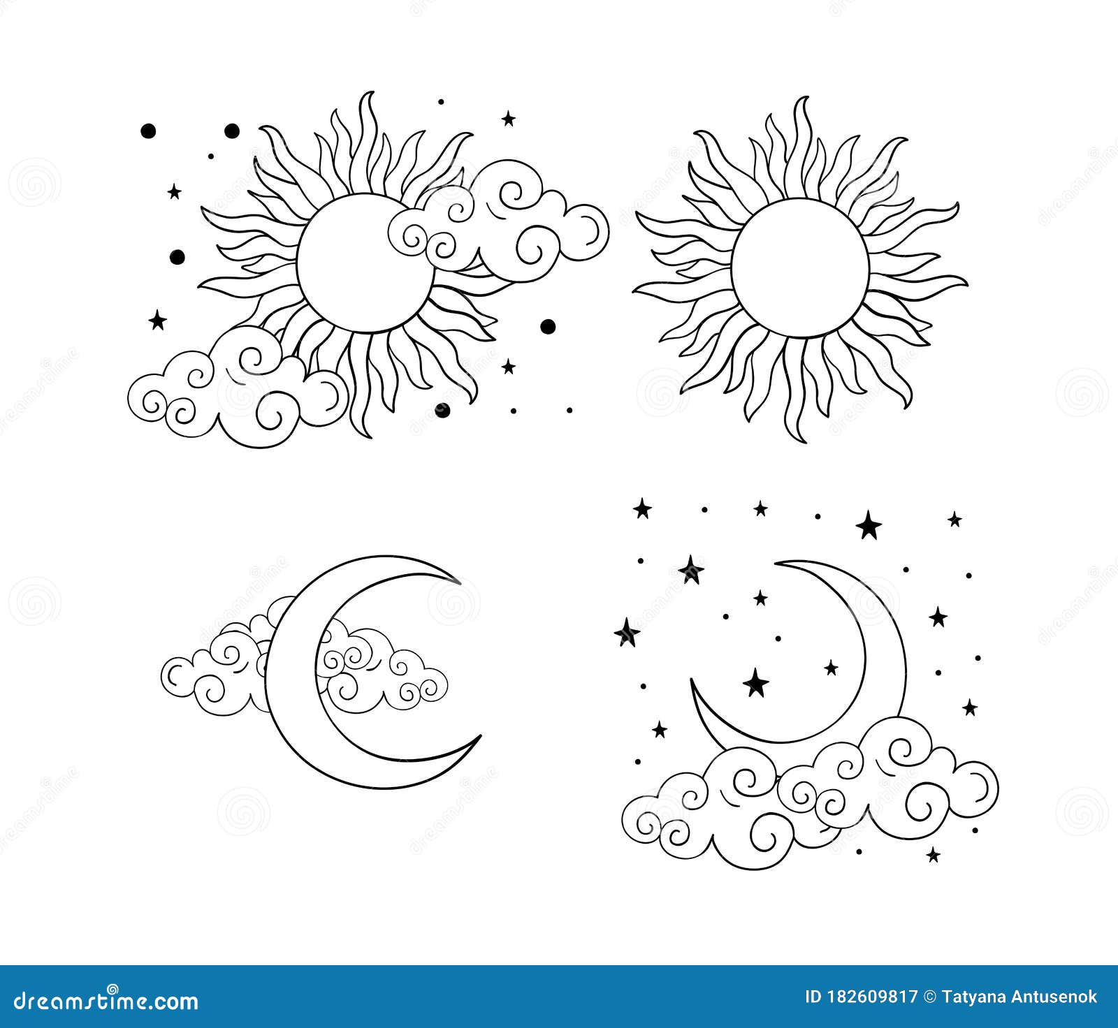 Mystical Boho Tattoos with Sun, Crescent, Stars and Clouds. Linear Design,  Hand Drawing Stock Vector - Illustration of bohemian, graphic: 182609817