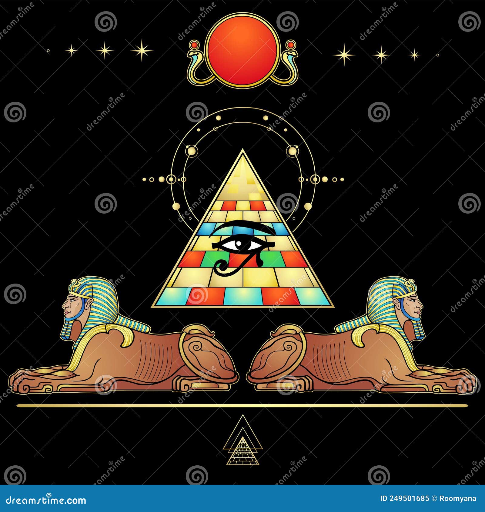 mystical color drawing: men sphinxes guard the egyptian pyramid. eye of horus.