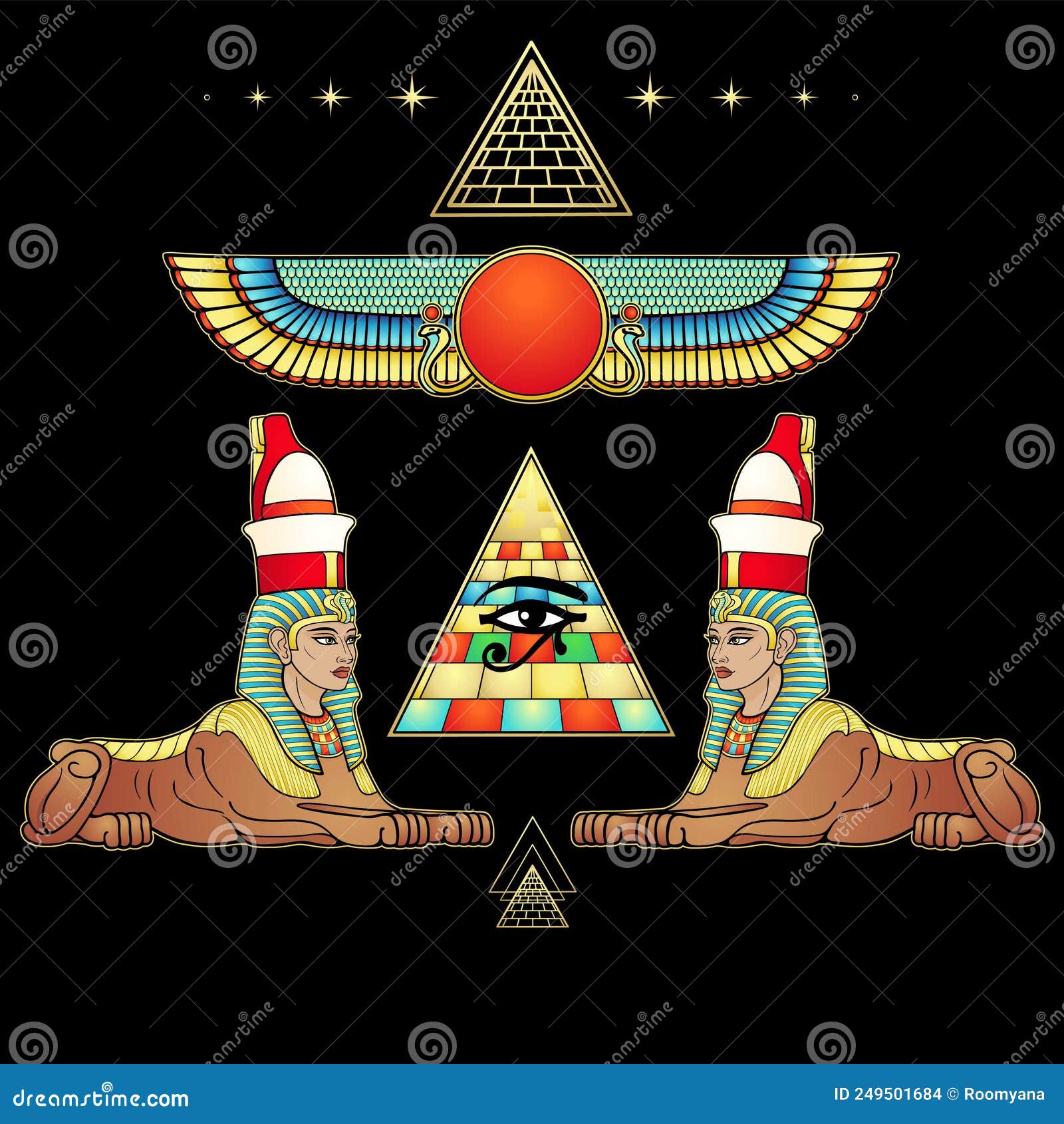 mystical color drawing: women sphinxes guard the egyptian pyramid.