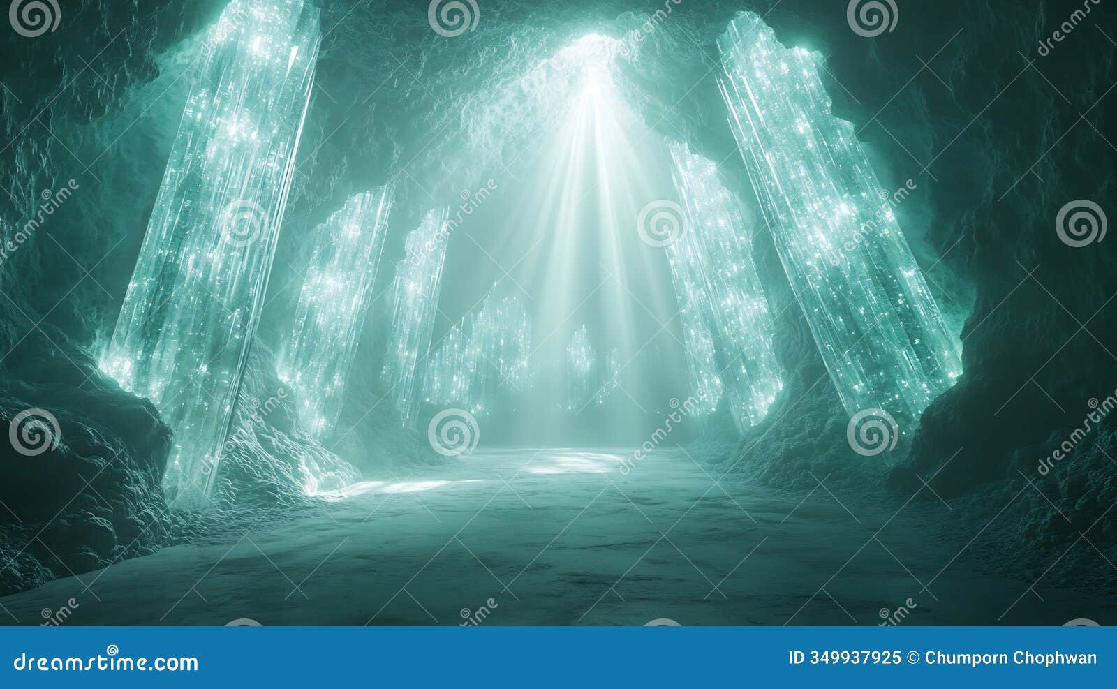 mystical crystal server room with ethereal light beams and organic tech s