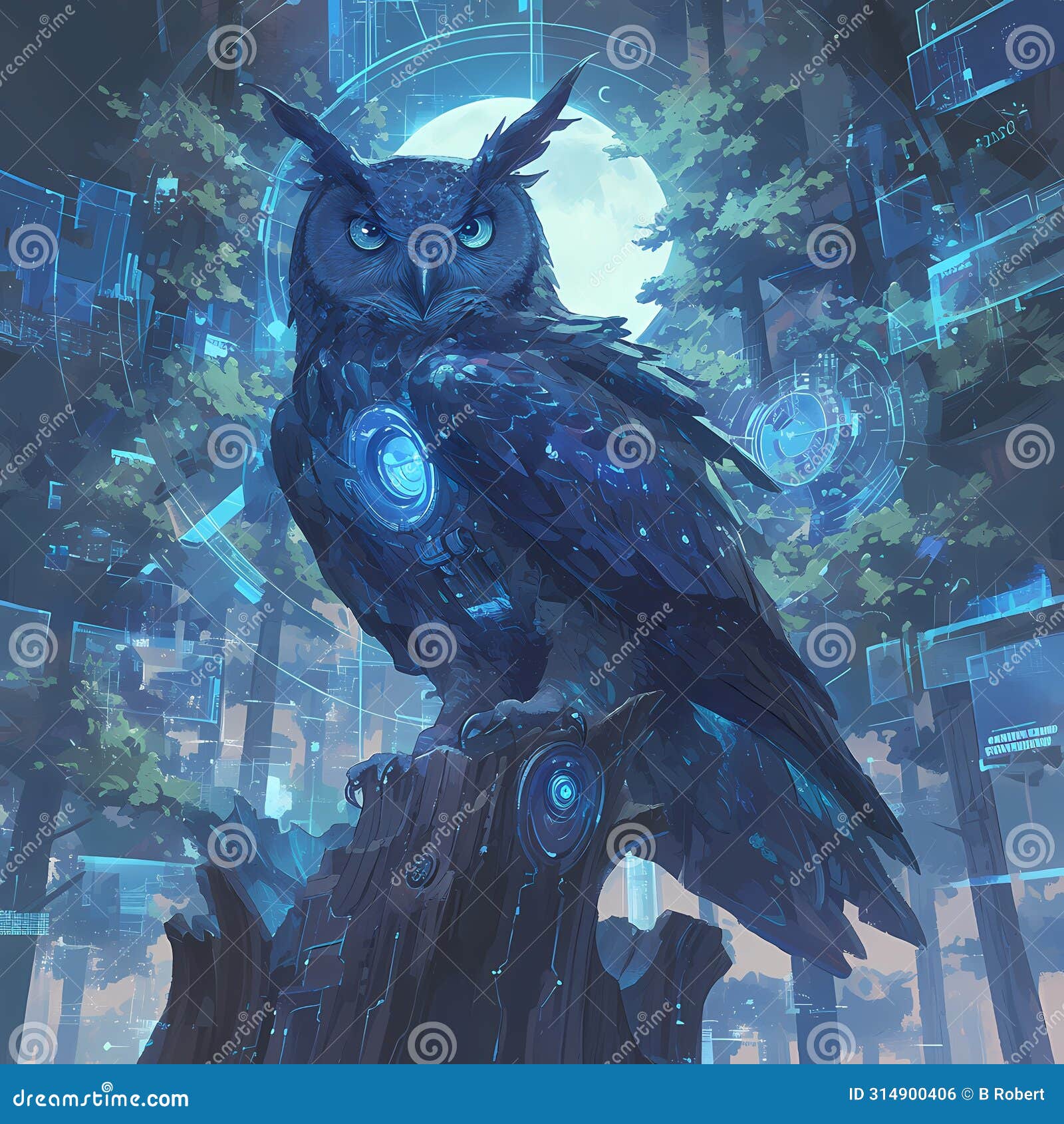 mystical cyber owl: ethereal digital aesthetic