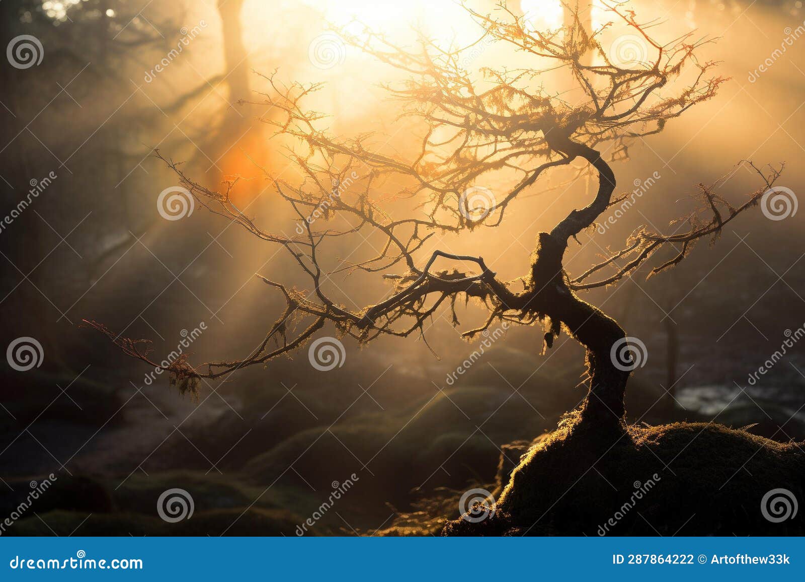 mystical dawn: enchanting foggy forest with solitary branch