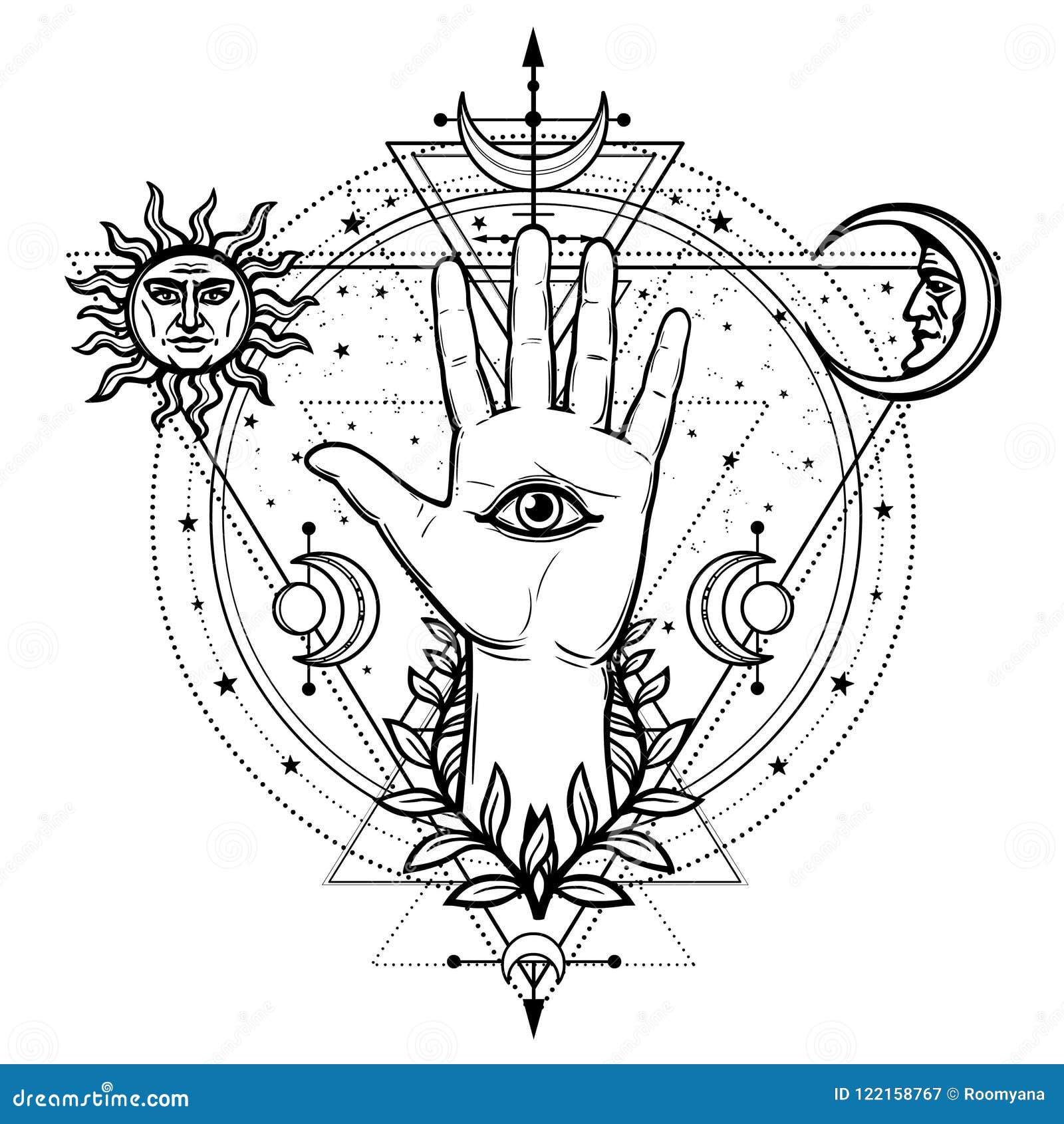 mystical drawing: divine hand, all-seeing eye, circle of a phase of the moon.