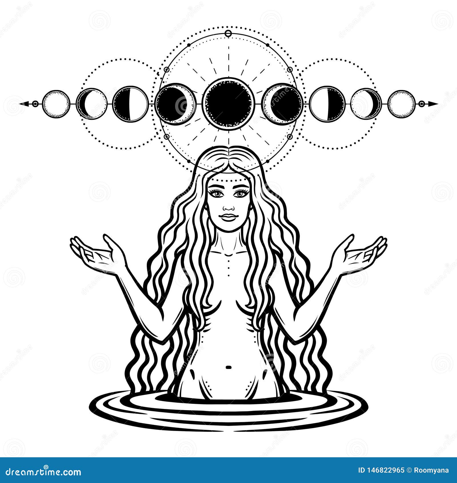 mystical drawing: the female goddess with long hair. phase of the moon.