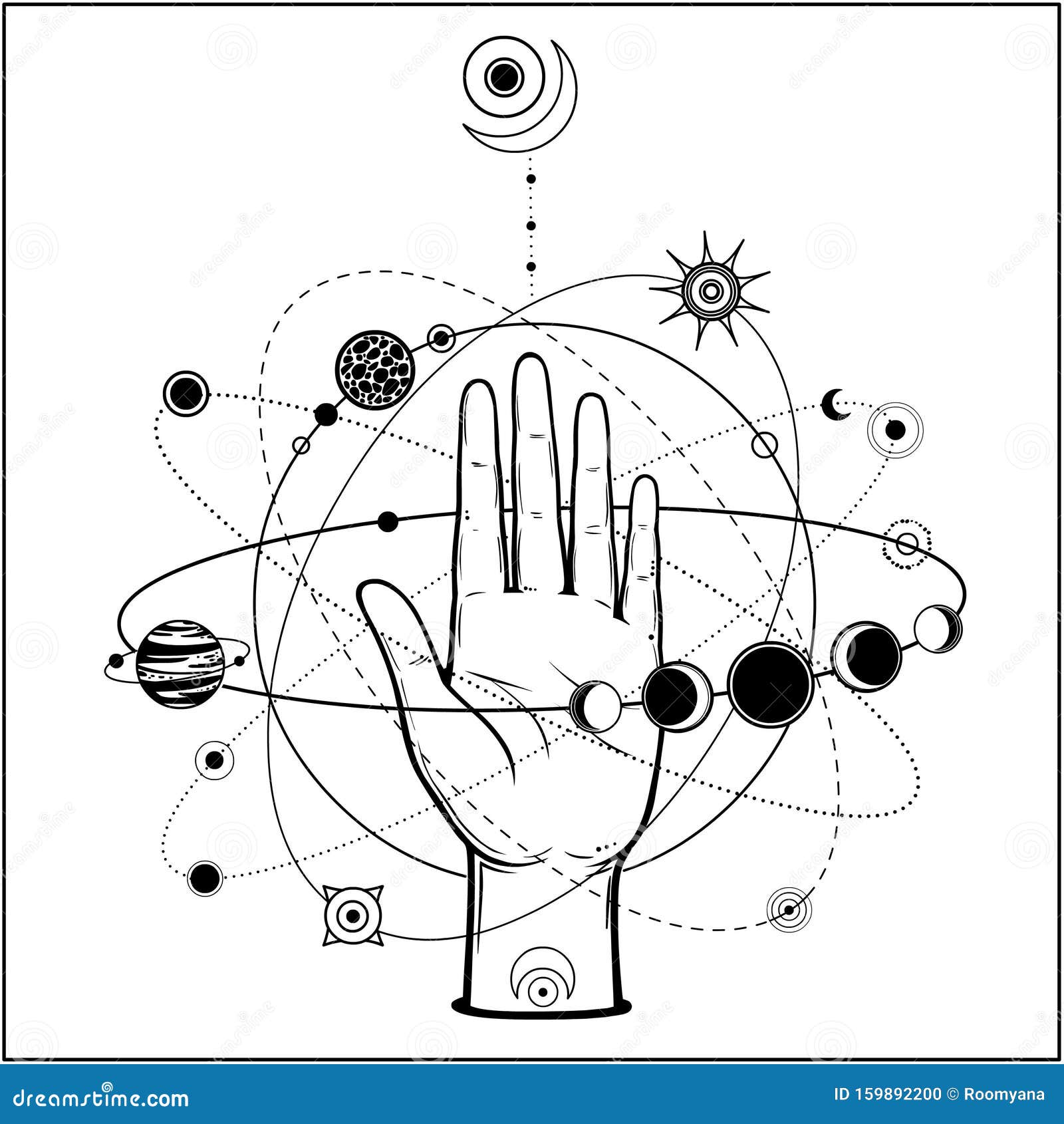 mystical drawing: human hand holds the universe.