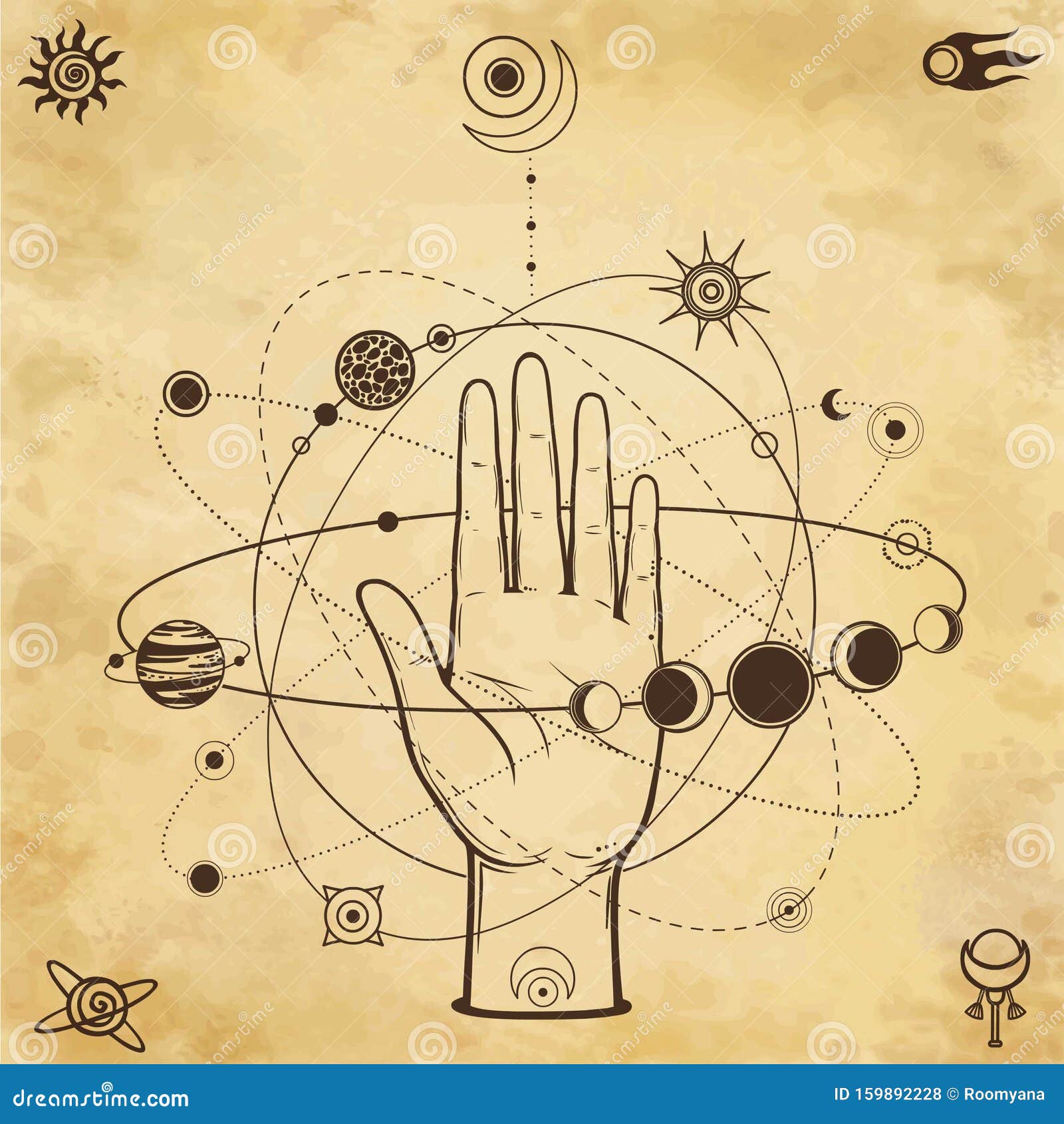 mystical drawing: human hand holds the universe. planets and stars rotate in orbits around the palms.