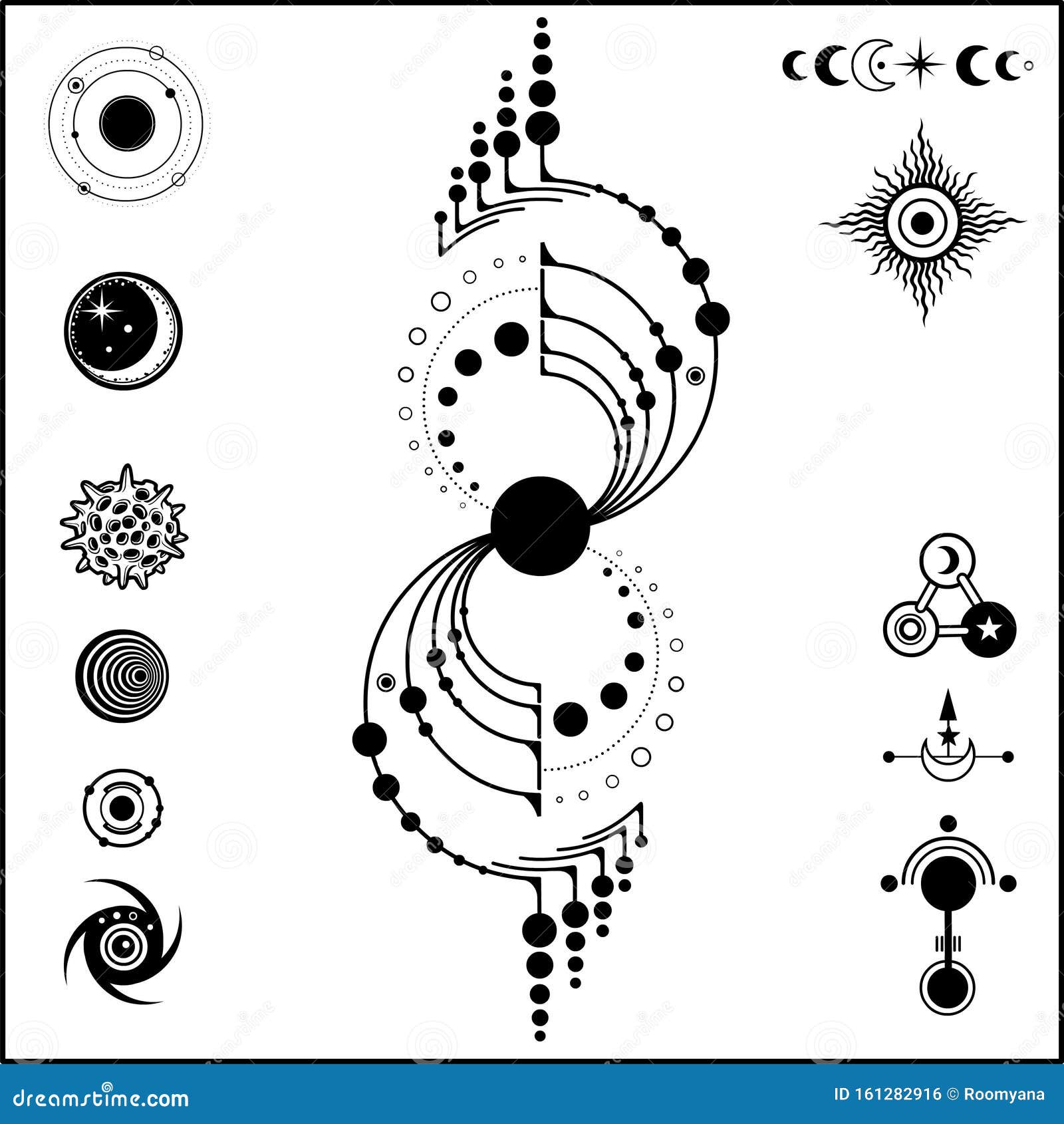 mystical drawing: mysterious crop circle ufo, stylized galaxy, set of cosmic s.