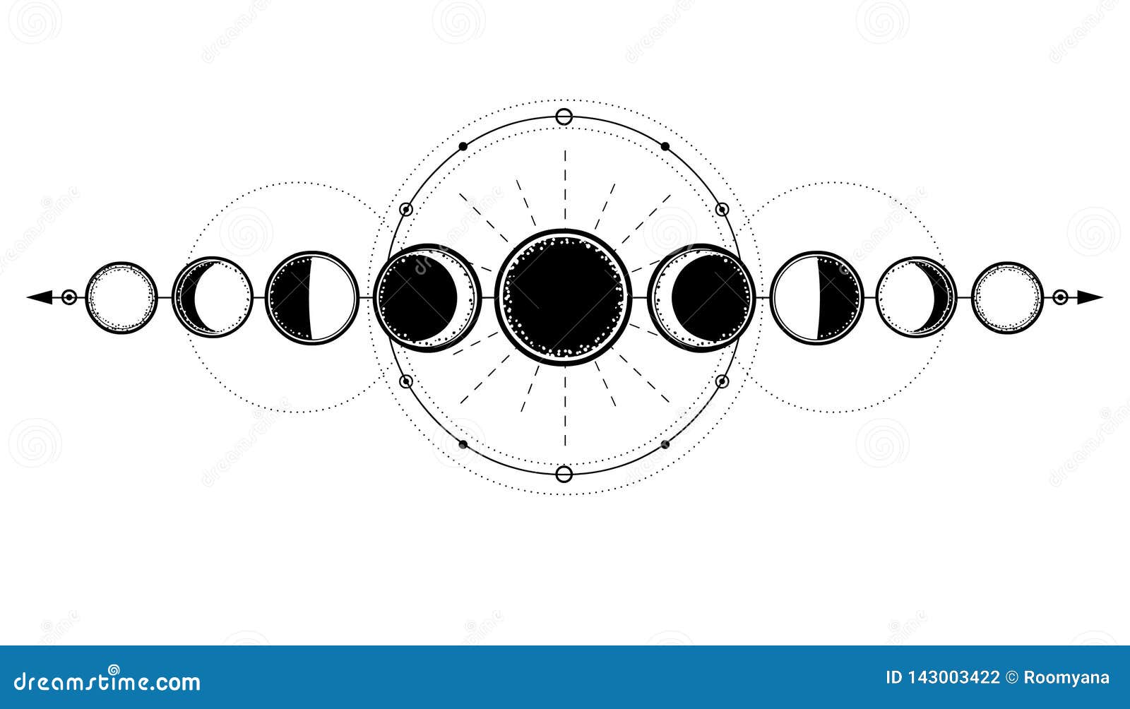 mystical drawing: phases of the moon, energy circles. sacred geometry.