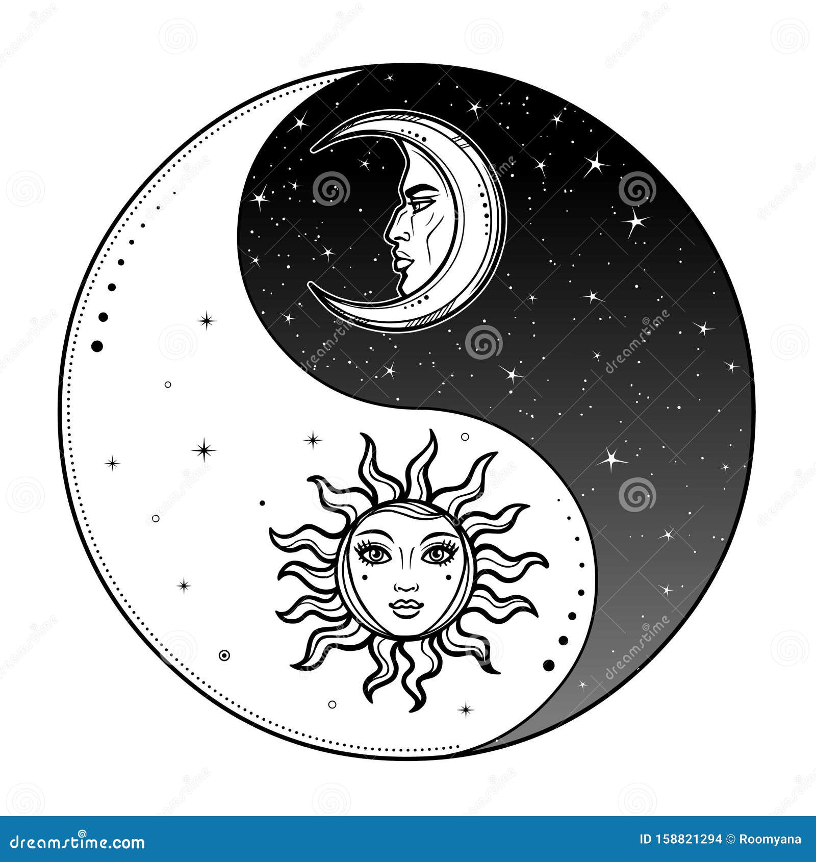 mystical drawing: stylized sun and moon with human face, day and night.