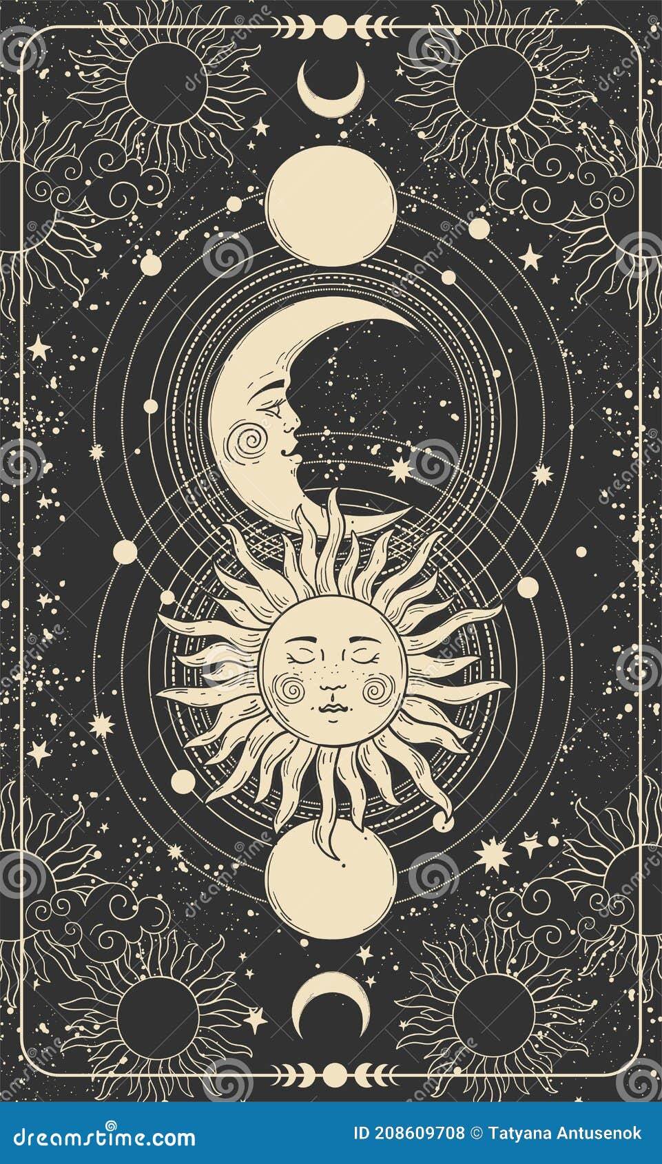 mystical drawing of sun with face, moon and crescent moon, background for tarot card, magic boho . golden sun with