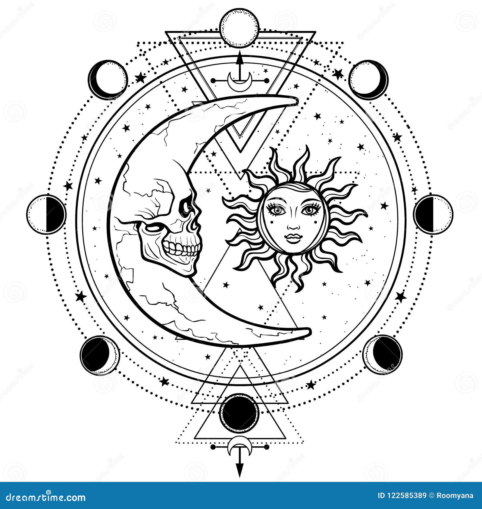 mystical drawing: sun and moon with human faces, circle of a phase of the moon.