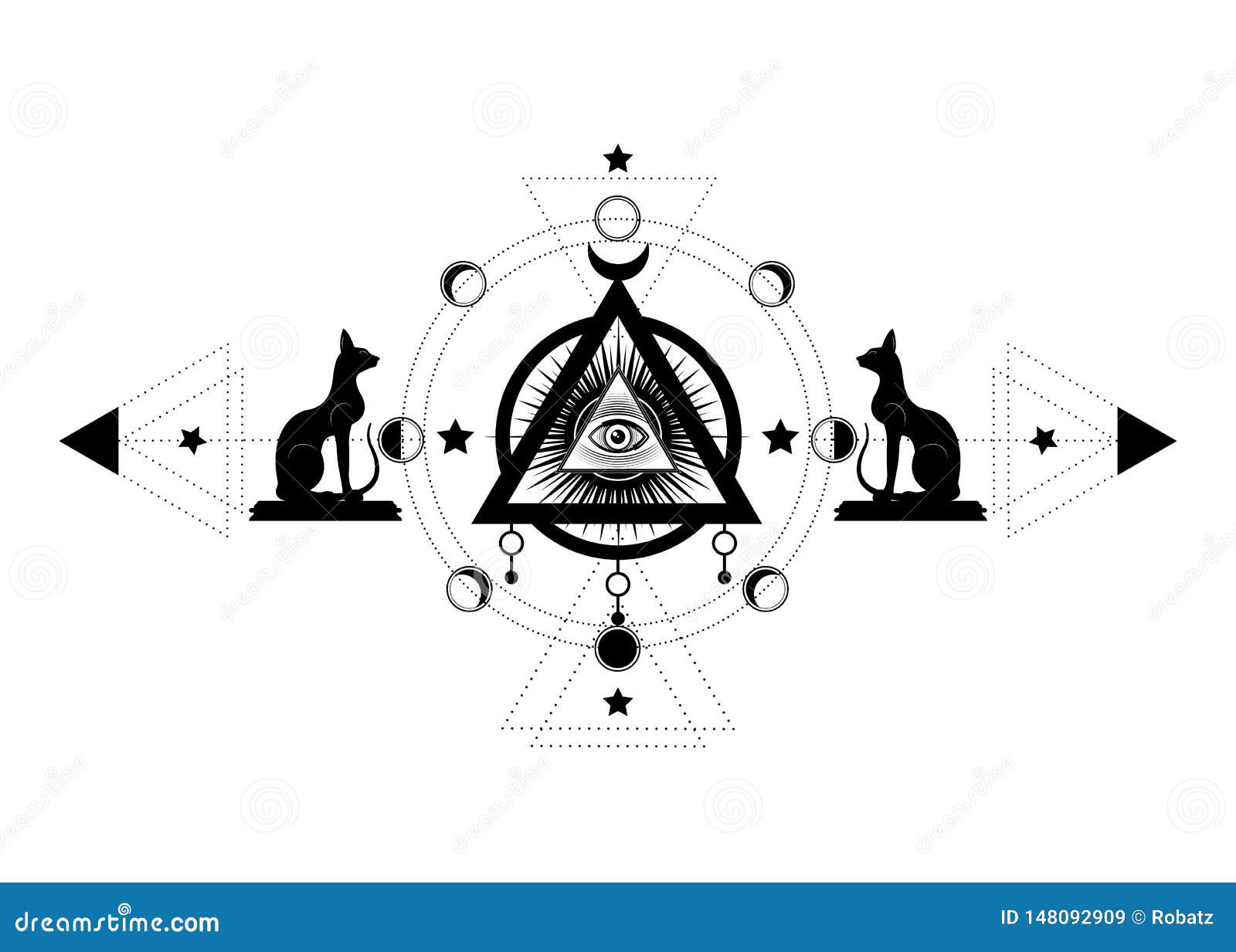 mystical drawing: the third eye, all-seeing eye, circle of a moon phase. sacred geometry and egyptian cats bastet ancient egypt