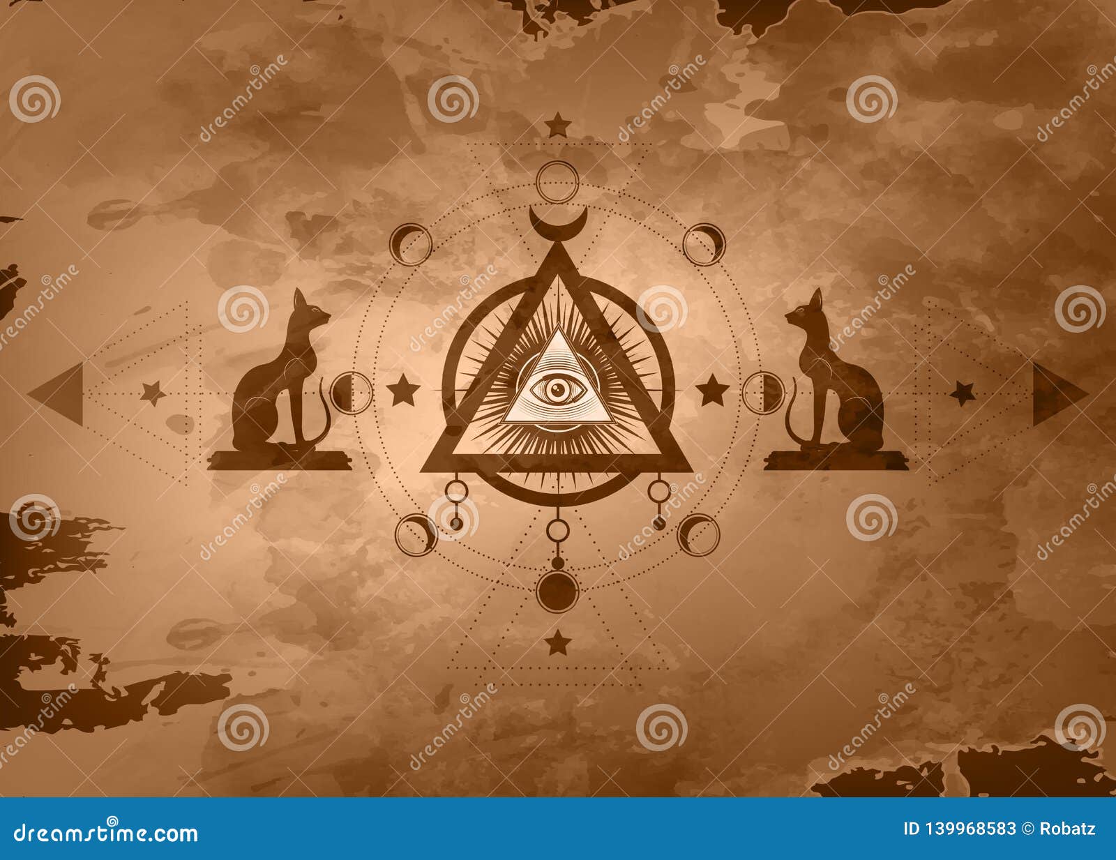 mystical drawing: the third eye, all-seeing eye, circle of a moon phase. sacred geometry and egyptian cats bastet ancient egypt