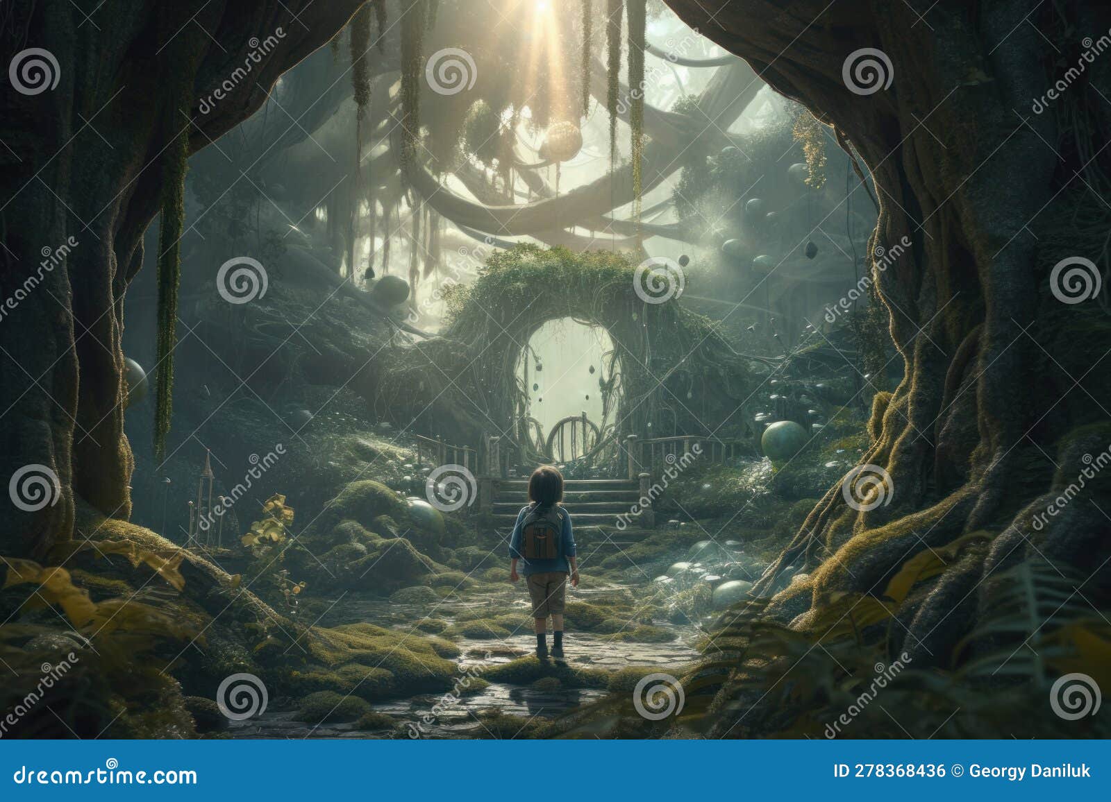 Mystical Enchantment: a Cinematic 3D Render of a Child S Journey through a Magical Forest Stock