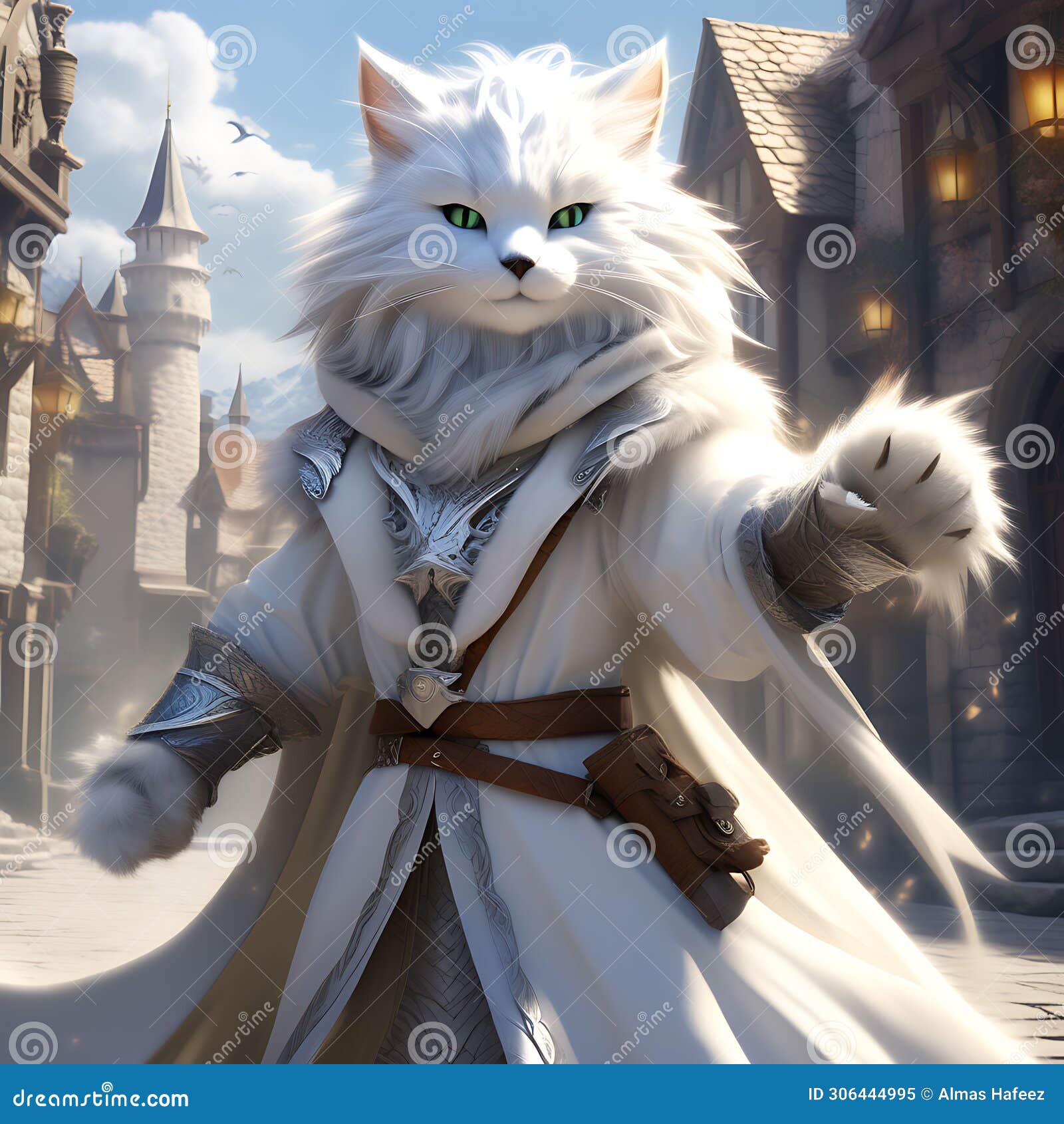 furry humanoid cat sorcerer in traveler's garb, embracing fantasy ambience