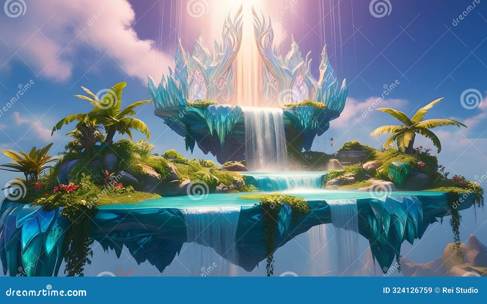 mystical floating island with cascading waterfalls and lush greenery