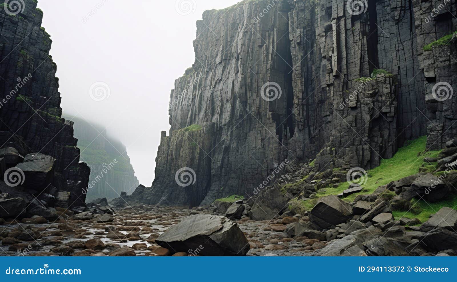 mystical foggy valley: cliffs, stream, and rough hewn surfaces