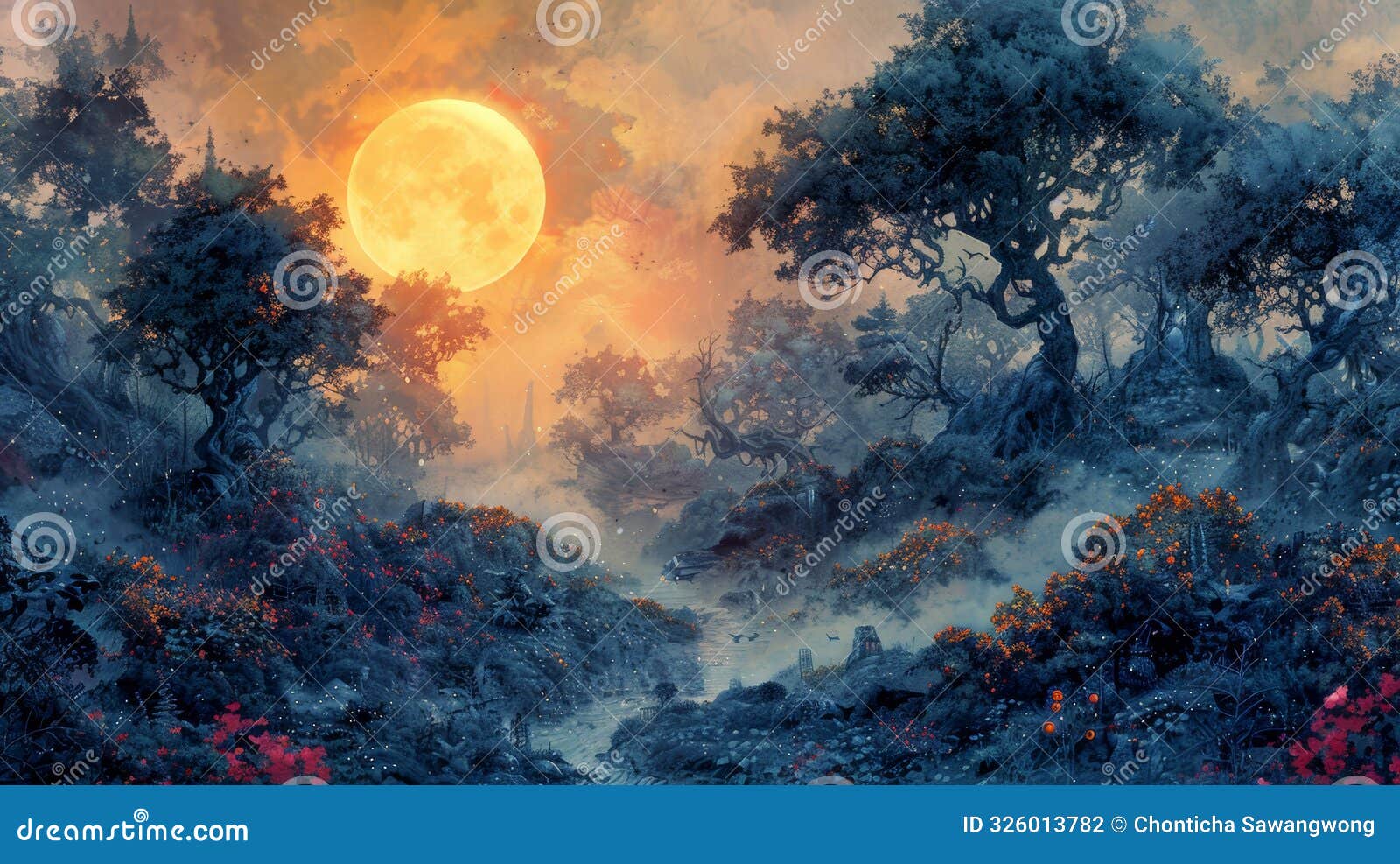 a mystical forest bathed in the ethereal glow of a large, full moon. the landscape is shrouded in mist, creating an atmosphere of