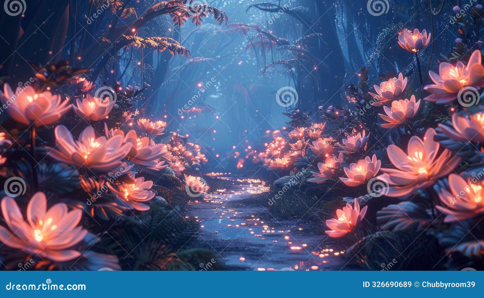 a mystical forest pathway surrounded by luminous, pink flowers under a twilight sky, with subtle light particles floating