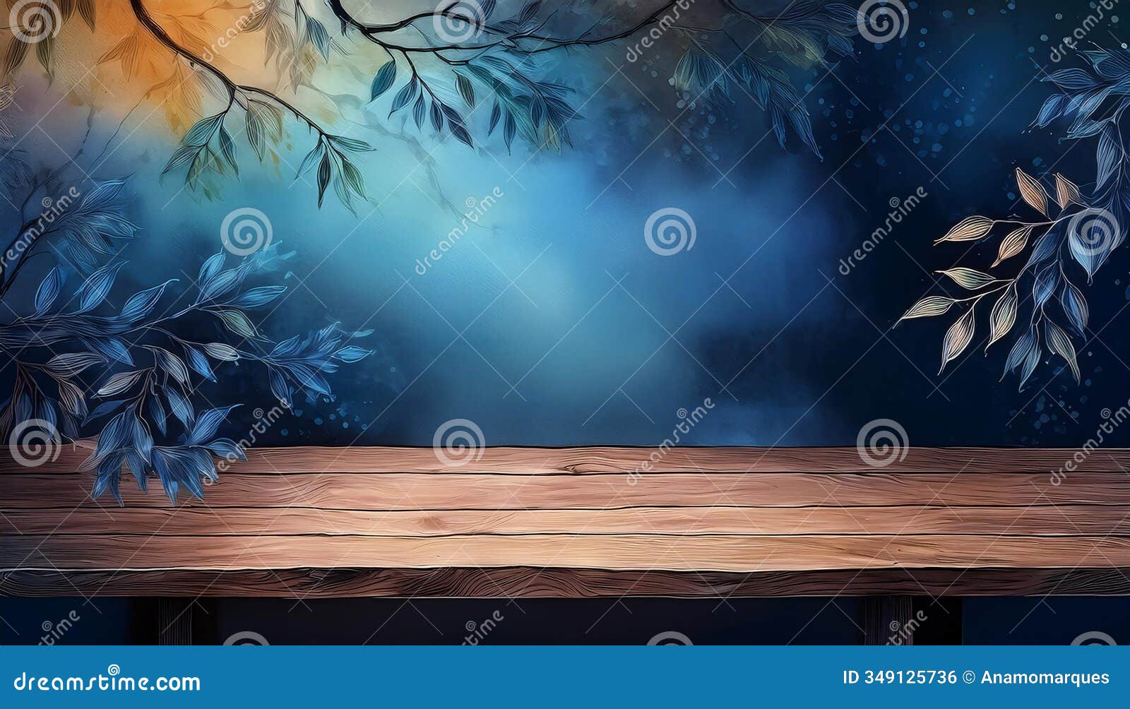 a mystical forest scene with vibrant leaves and a wooden table. generative ai