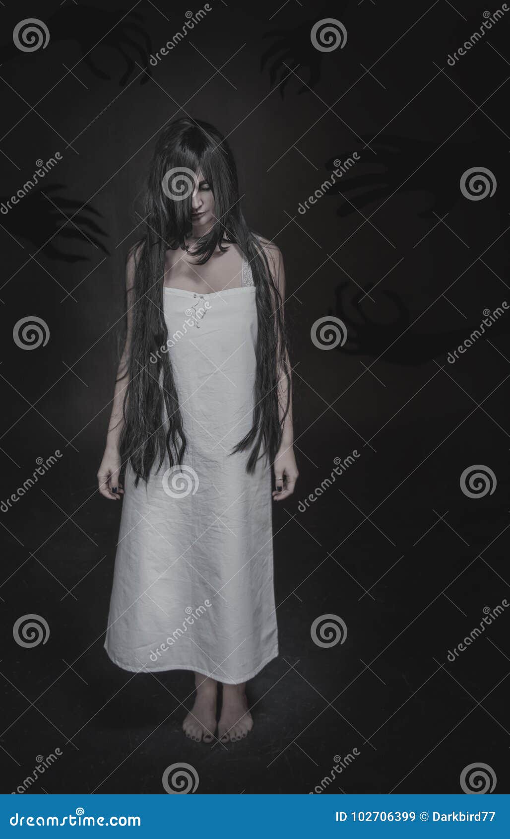 Mystical Ghost Woman with Long Black Hair and Shadow Hands on Da Stock  Image - Image of horror, hair: 102706399