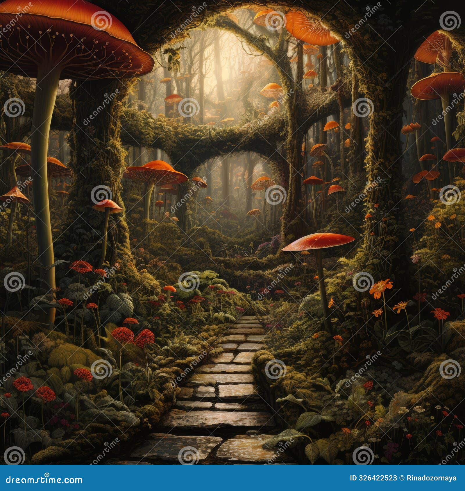 mystical jungle temple with overgrown ruins, stairs, plants, and mushrooms in surreal atmosphere