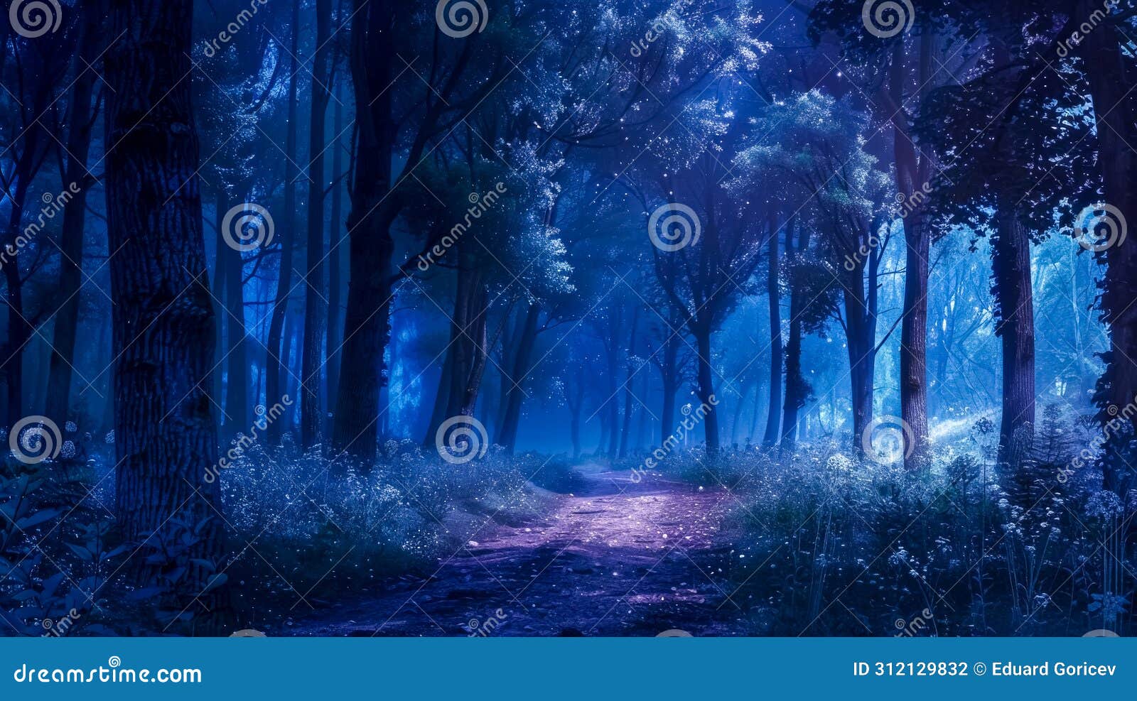 mystical night scene of a serene forest path bathed in ethereal blue light